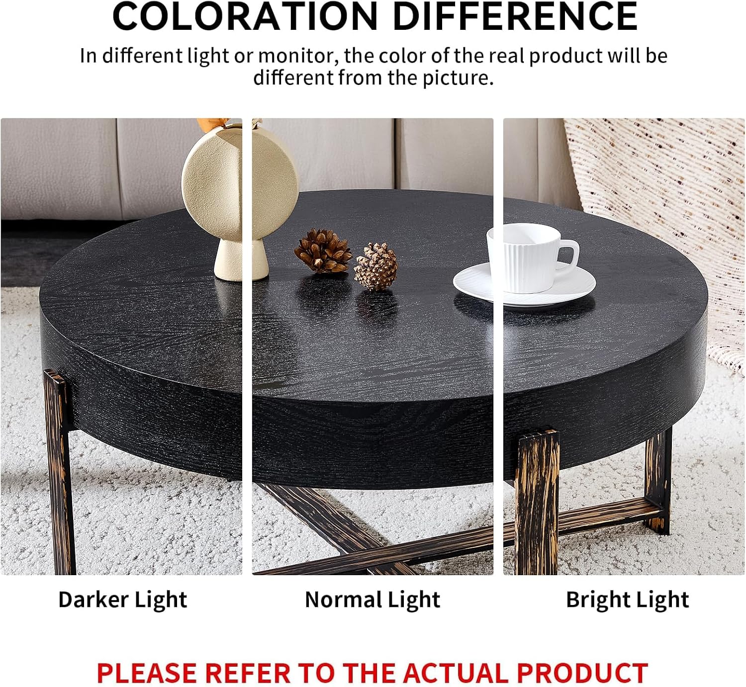 Round Coffee Table, 30.7' Modern Coffee Tables for Living Room, Circular Wooden Center Tea Table with Metal Legs for Apartment Office Small Space, Black