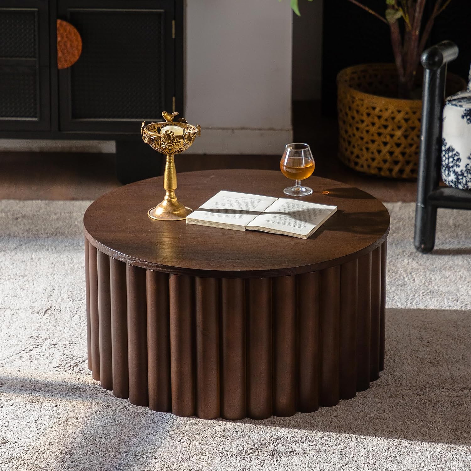 WILLIAMSPACE 27.56' Round Lift-Top Coffee Table with Hidden Storage & Sturdy Pedestal, Modern Wooden Center Accent End Tea Table, No Need Assemble, Walnut
