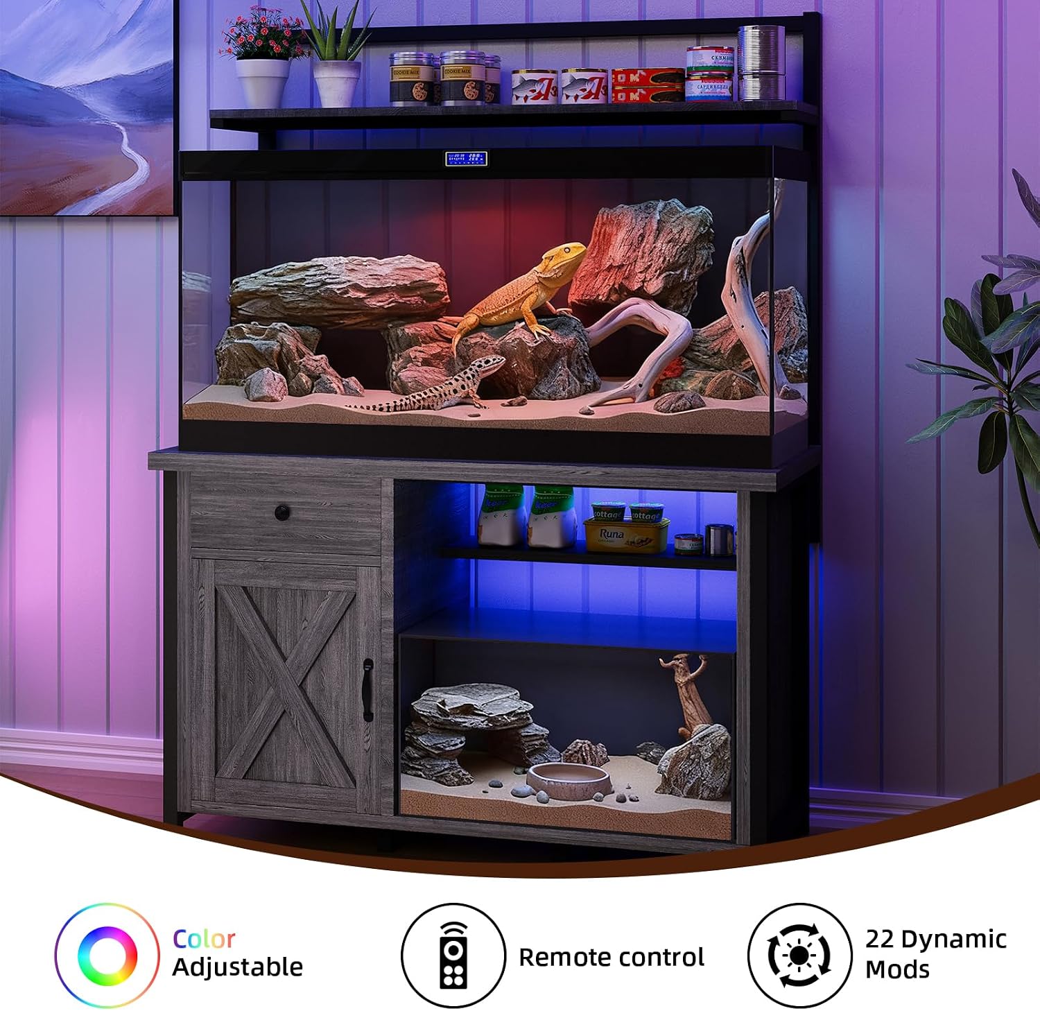Reptile Tank Stand with Power Outlet, Terrarium Stand with Storage Cabinet, 49' X 20' Tabletop, Aquarium Stand with LED Lights, Reptile Terrarium,Turtle Tank (Gray)