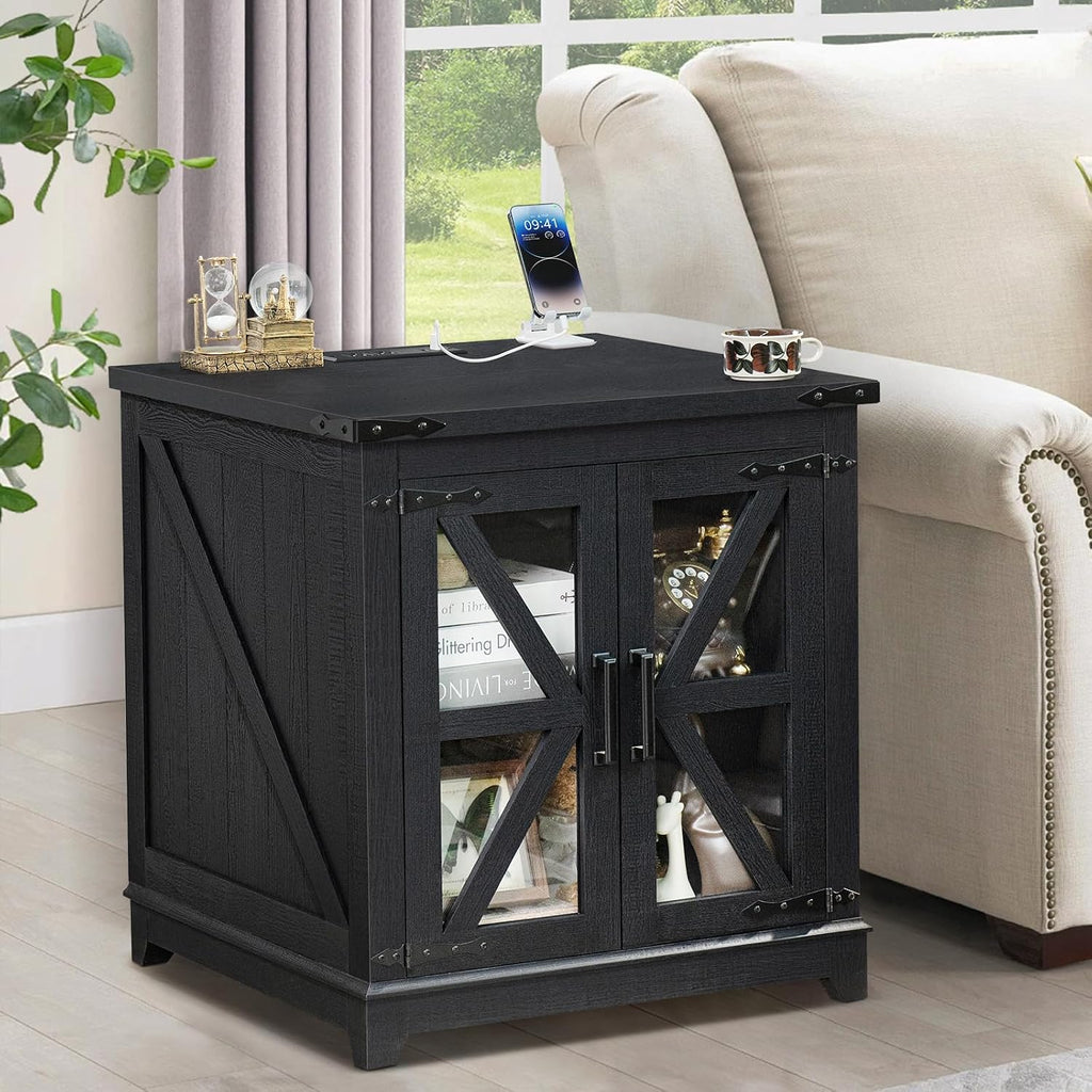 Farmhouse End Table Set of 2,24' Large Sofa Side Table with Charging Station Glass Barn Door,Wood Nightstand with Adjustable Storage Shelf,Square Bedside Table for Living Room,Bedroom,Office-Black