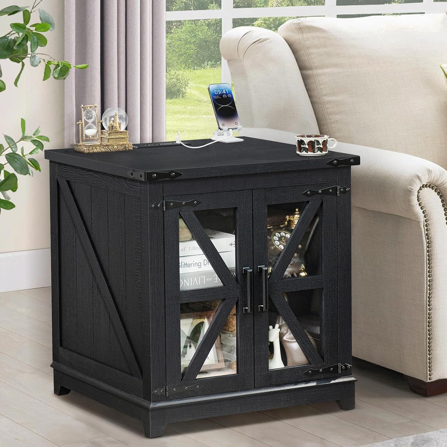 Farmhouse End Table Set of 2,24' Large Sofa Side Table with Charging Station Glass Barn Door,Wood Nightstand with Adjustable Storage Shelf,Square Bedside Table for Living Room,Bedroom,Office-Black