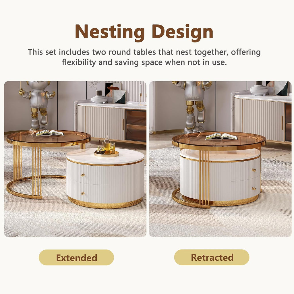 Modern 2 Pieces Round Nesting Coffee Table with Drawers and Brown Tempered Glass Top（27.6'+23.6'