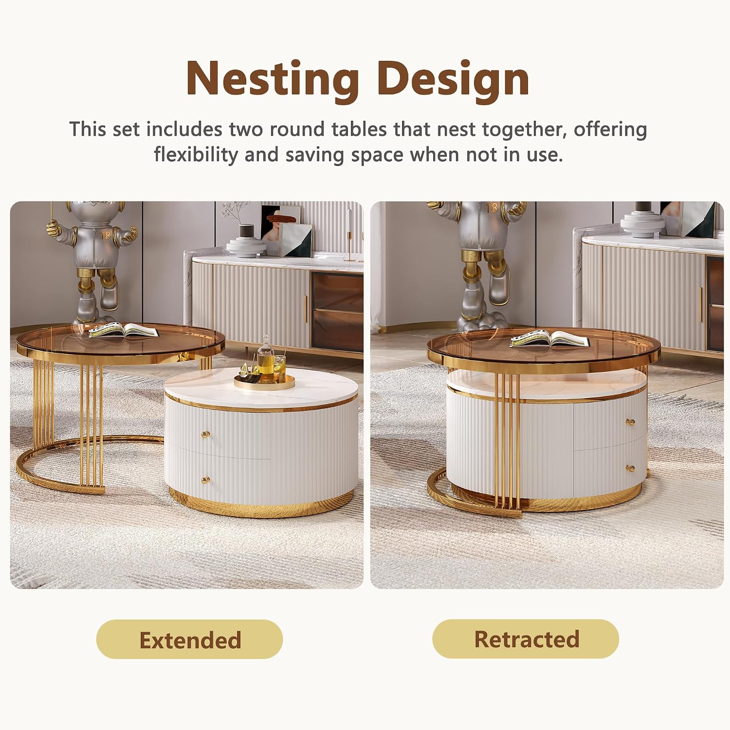 Modern 2 Pieces Round Nesting Coffee Table with Drawers and Brown Tempered Glass Top（27.6'+23.6'