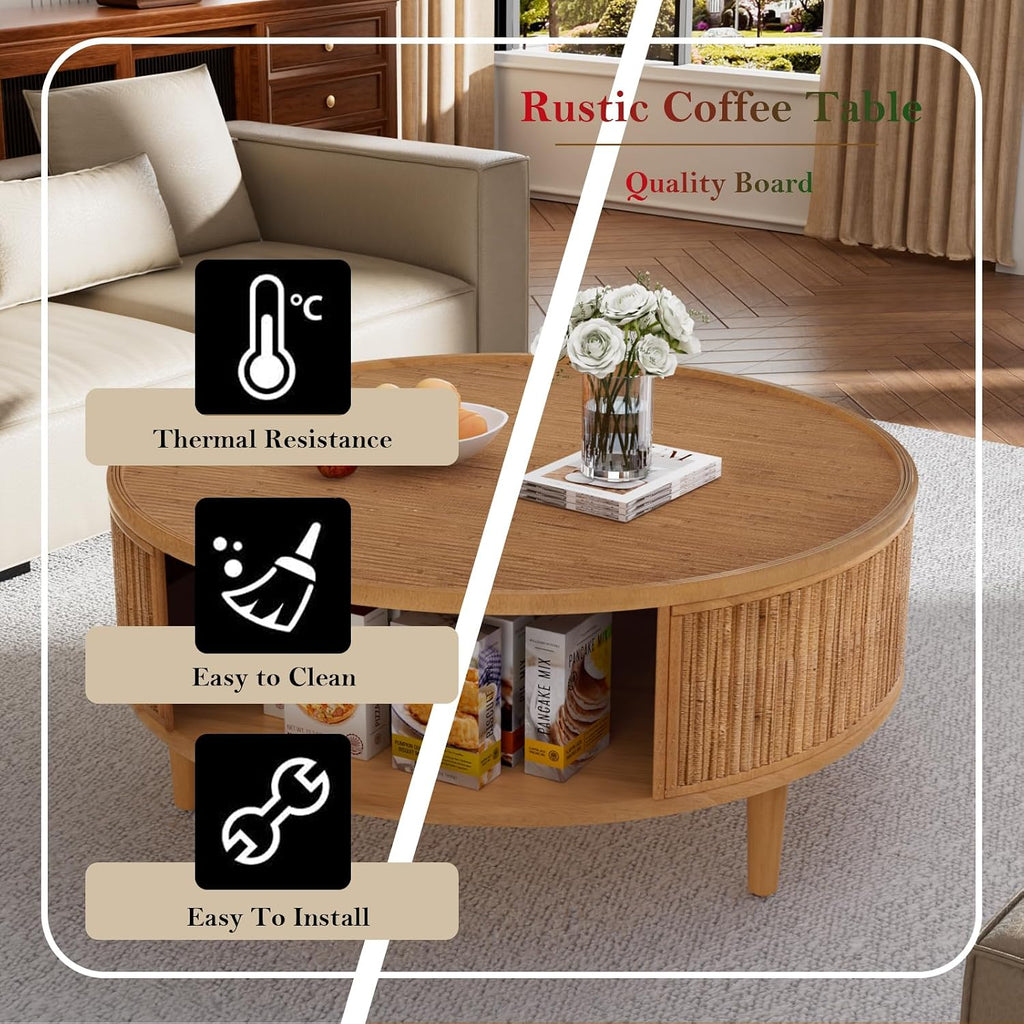 30.5in Rustic Round Coffee Table with Storage, Circular Farmhouse Bamboo Center Tables with Anti-Skid Solid Wood Legs, for Living Room (Bamboo Woven 30.5in)