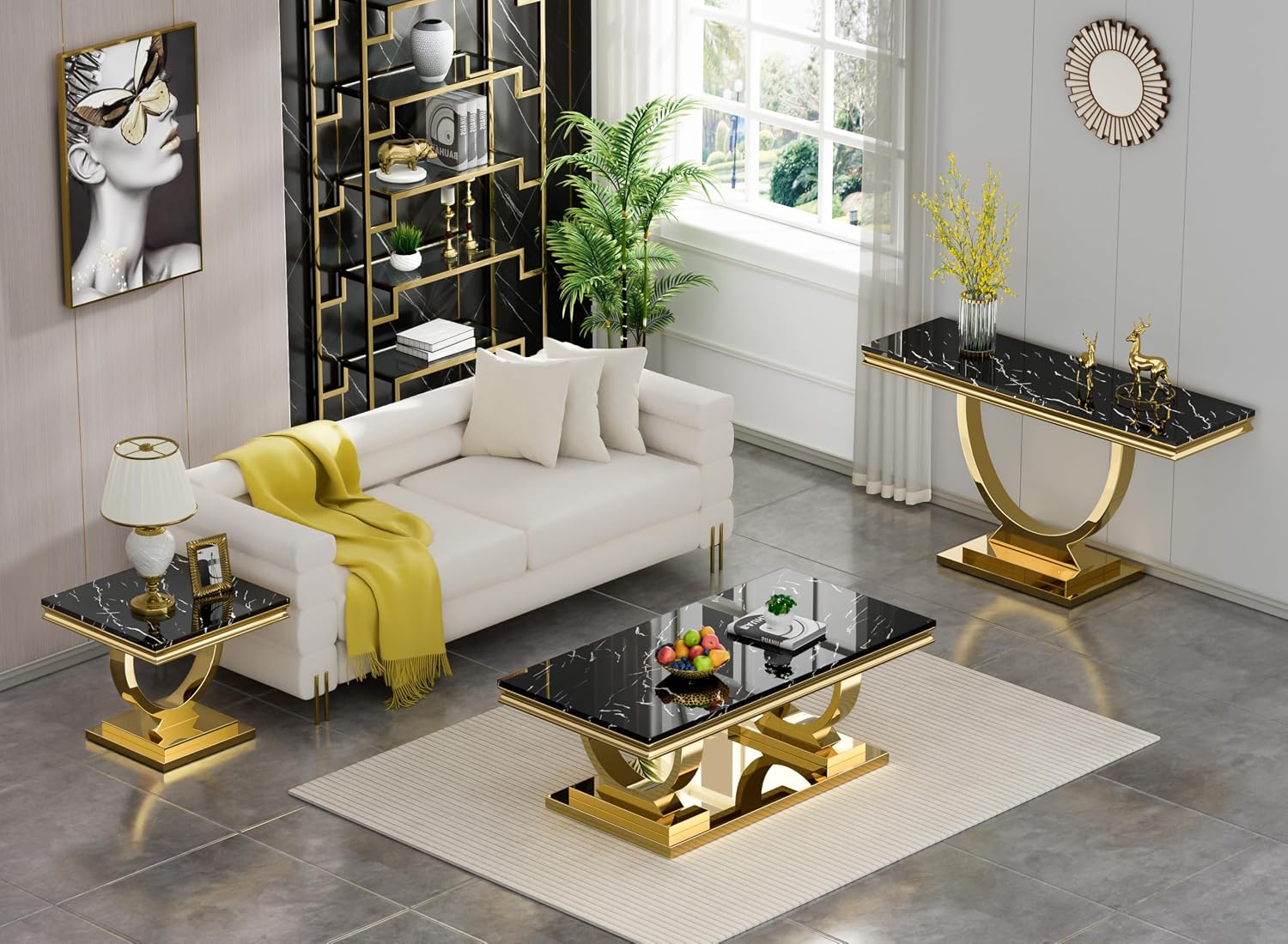 2 Piece Marble Living Room Table Set Modern Black Faux Marble Coffee Table and Console Table with Gold O-Shape Stainless Steel Frame Elegant Coffee Table Set of 2 for Home Office