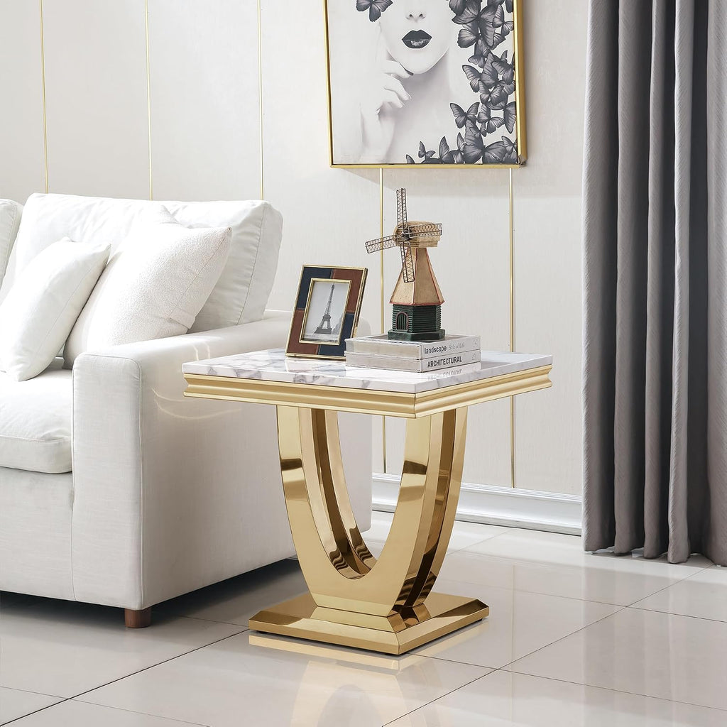 Marble Coffee Table Set of 3, 3 Piece Living Room Table Set Include 1 Coffee Table & 2 End Tables,Modern White Gold Coffee Table and End Table Sets with Double U Shape Stainless Steel Base
