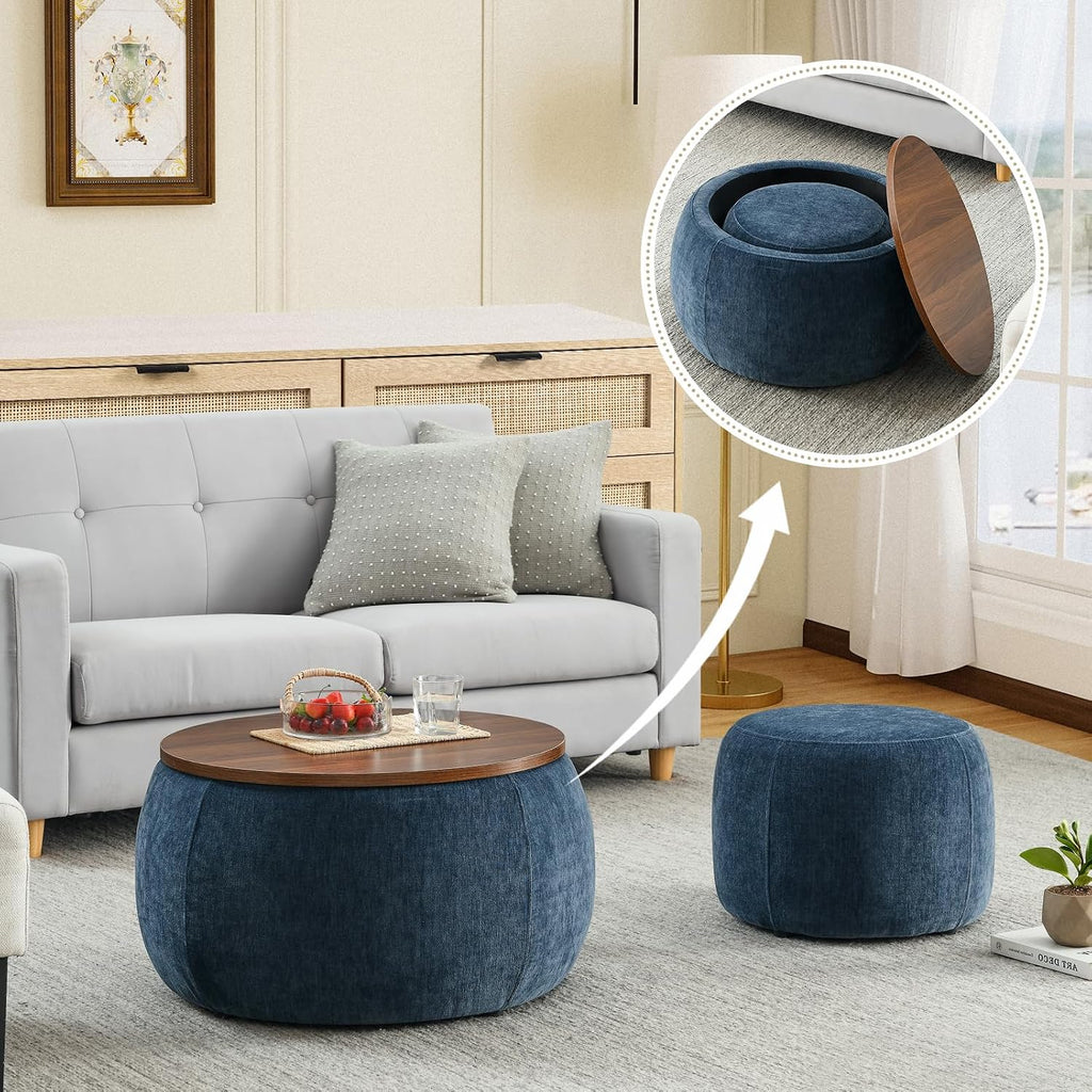 Round Ottoman with Storage Set, 25' +18' Circle Coffee Table Upholstered Nesting Modern End Table Footstool with Removable Wood Tray Chenille for Living Room No Assembly, Dark Blue