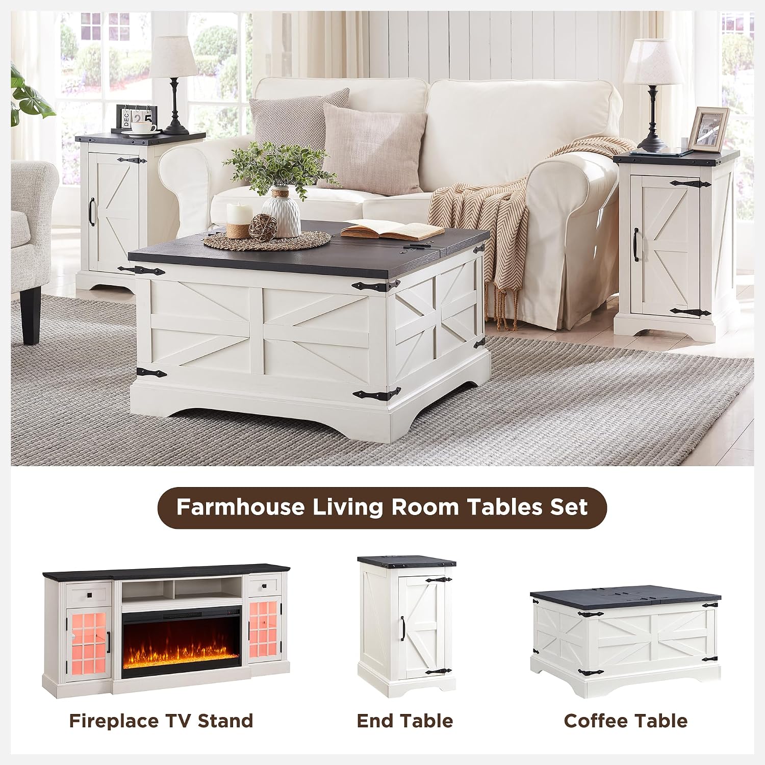 JXQTLINGMU 3-Piece Farmhouse Coffee Table and End Table Sets, Includeds 36' Lift Top Square Coffee Table w/Storage & 2 Rustic Wood End Tables w/Charging Station & Barn Doors for Living Room, White