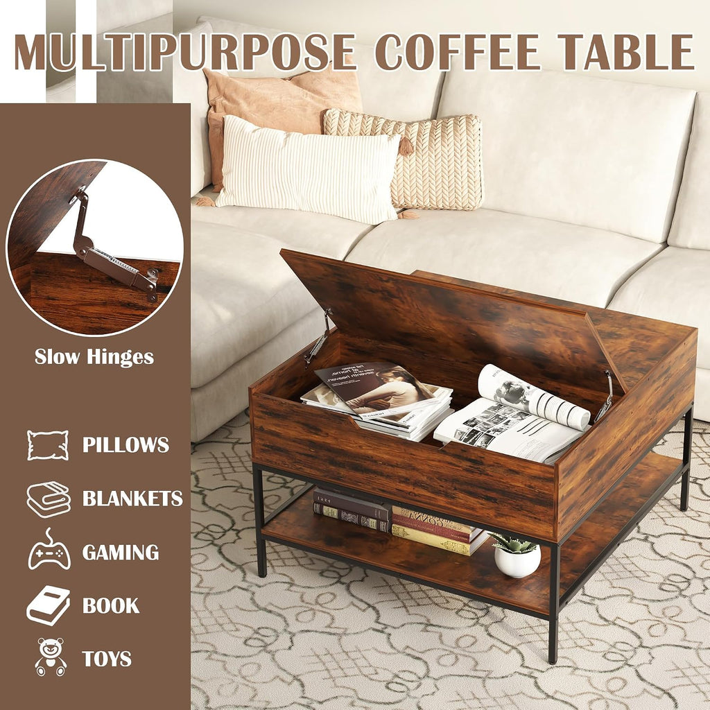 KEIKI 31.5' Flip-Top Coffee Table with Storage, Lift-Top Table, Dark Walnut & Black Metal, Farmhouse Modern Rectangular Living Room Table with Hidden Compartment & Open Shelves, Black