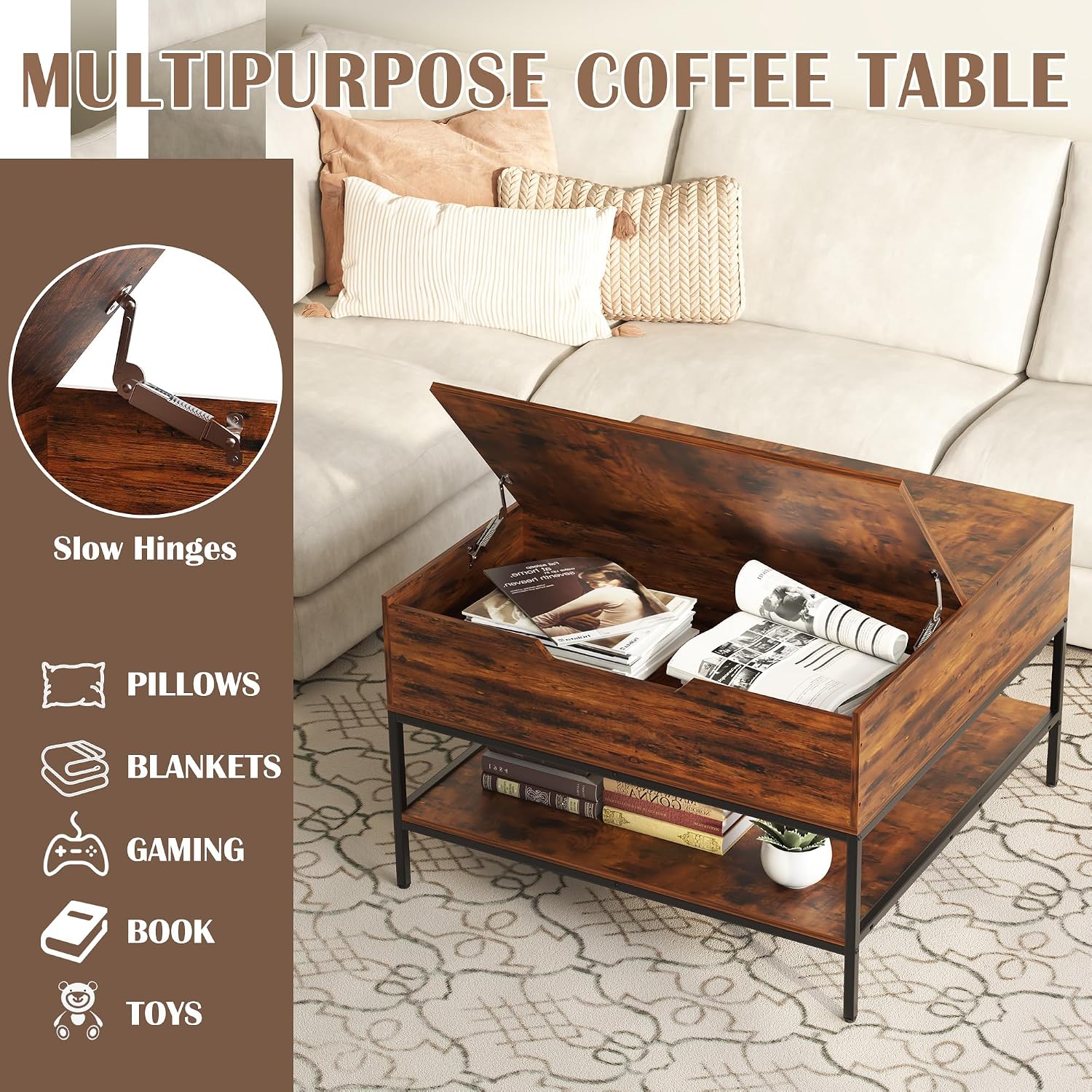 KEIKI 31.5' Flip-Top Coffee Table with Storage, Lift-Top Table, Dark Walnut & Black Metal, Farmhouse Modern Rectangular Living Room Table with Hidden Compartment & Open Shelves, Black