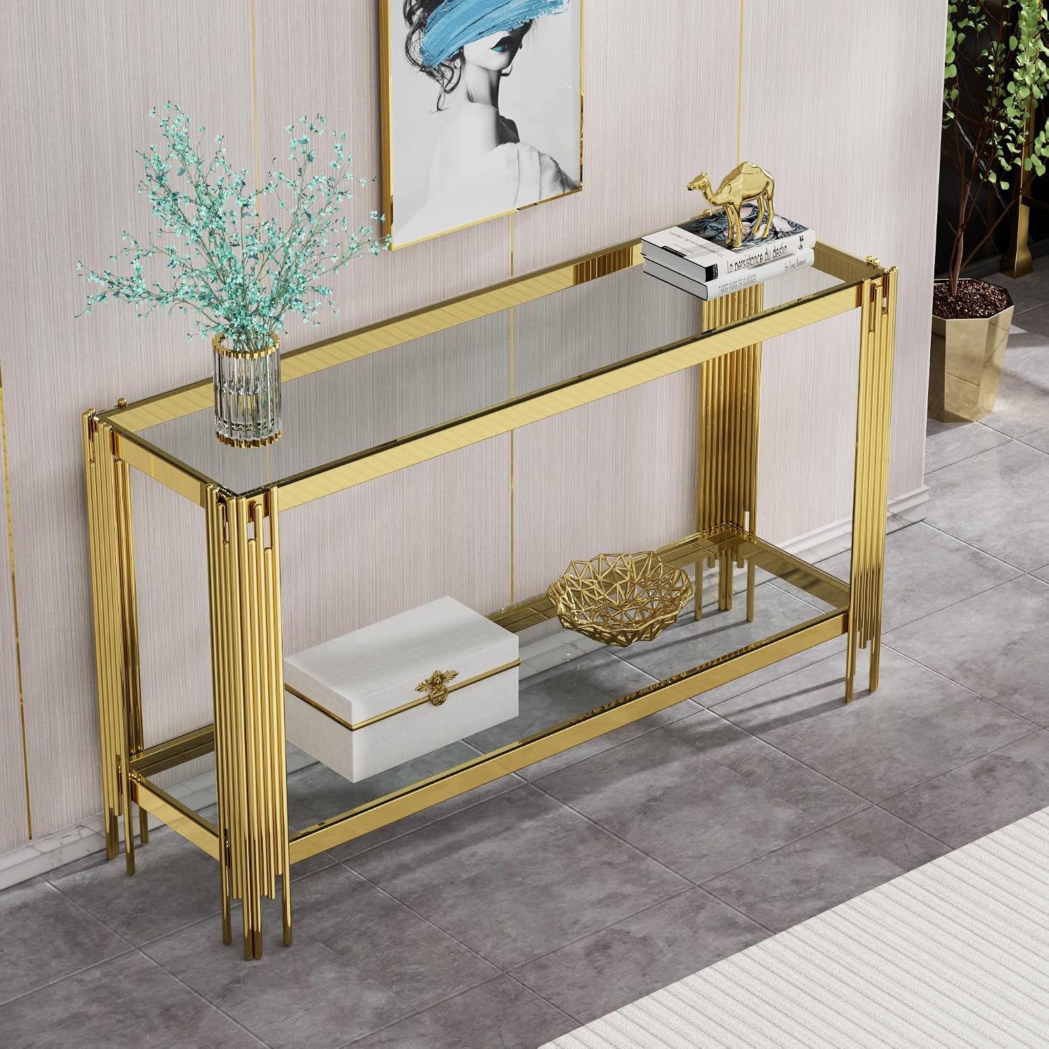 Modern Gold Glass Console Table, Luxury 55' Rectangular Sofa Table with Stainless Steel Frame, 2-Tier Console Entryway Table with Storage for Living Room Entrance Hallway