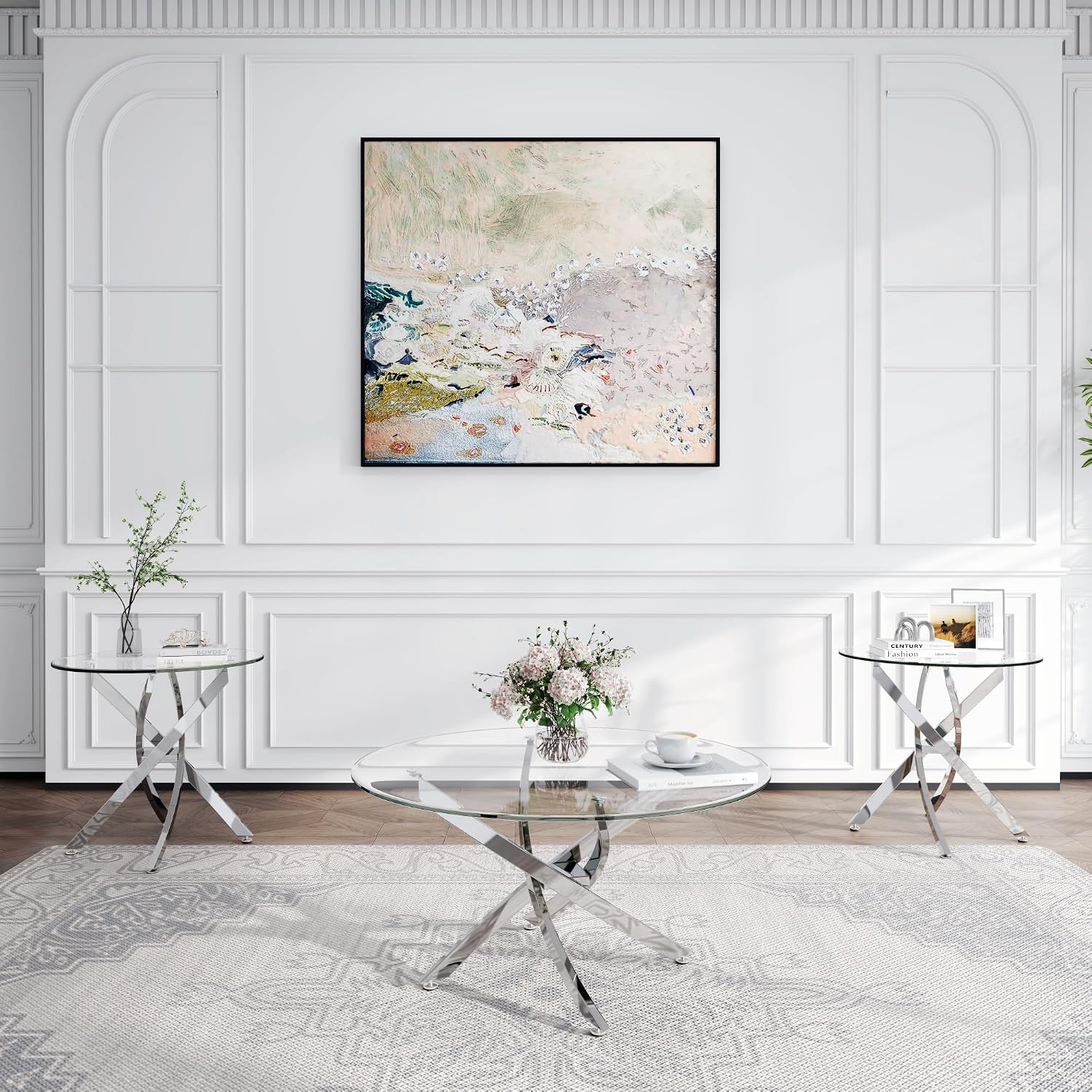 Round Glass Coffee Table Set of 3 Modern Living Room Table Set 1 Coffee & 2 End Table Set with Stainless Steel Legs, Clear Center Cocktail Tables (Silver, Set of 3 Round)