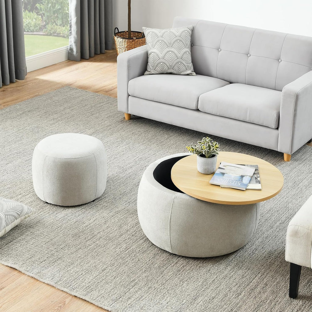 Round Ottoman with Storage Set, 25' +18' Circle Coffee Table Upholstered Nesting Modern End Table Footstool with Removable Wood Tray Chenille for Living Room No Assembly, Light Grey