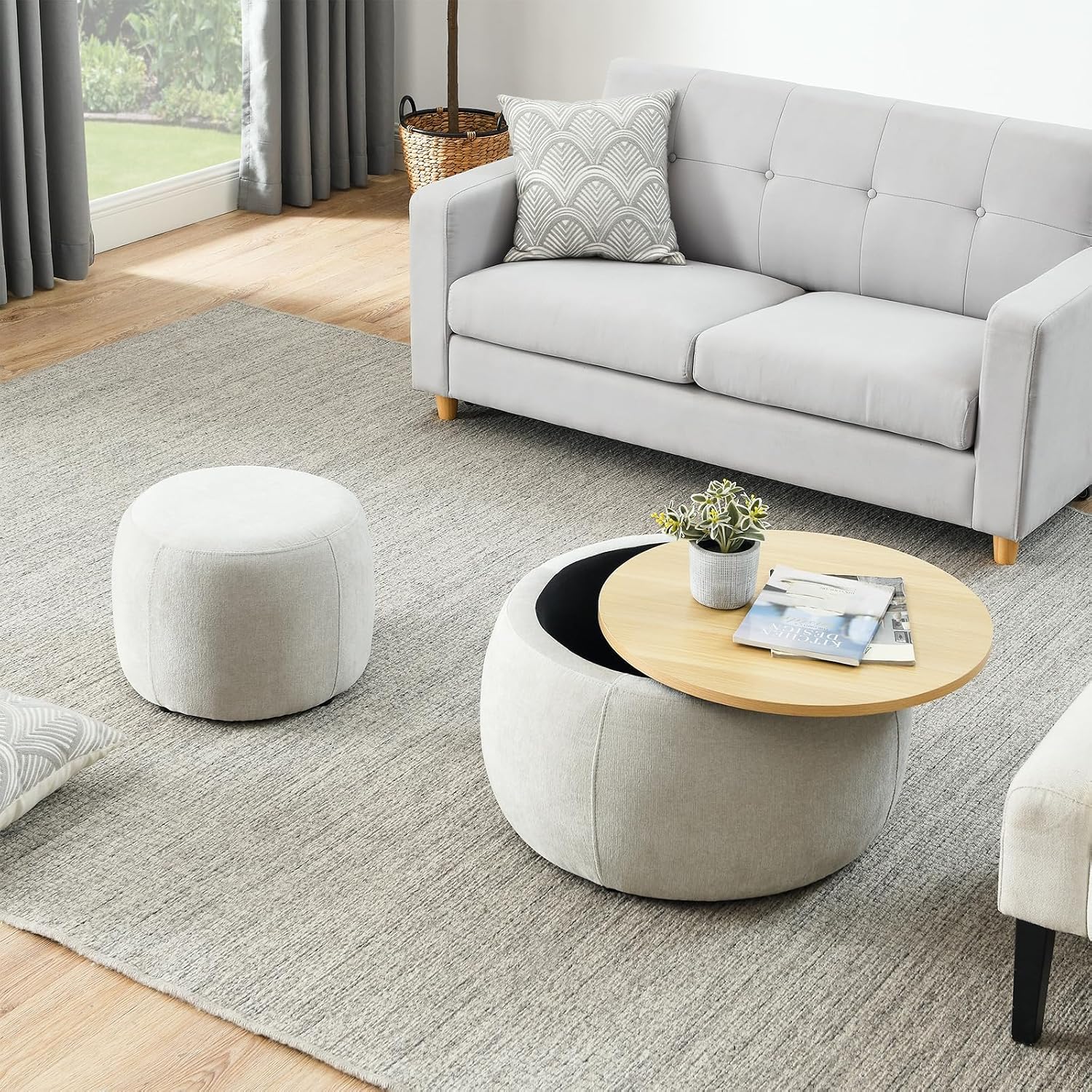 Round Ottoman with Storage Set, 25' +18' Circle Coffee Table Upholstered Nesting Modern End Table Footstool with Removable Wood Tray Chenille for Living Room No Assembly, Light Grey