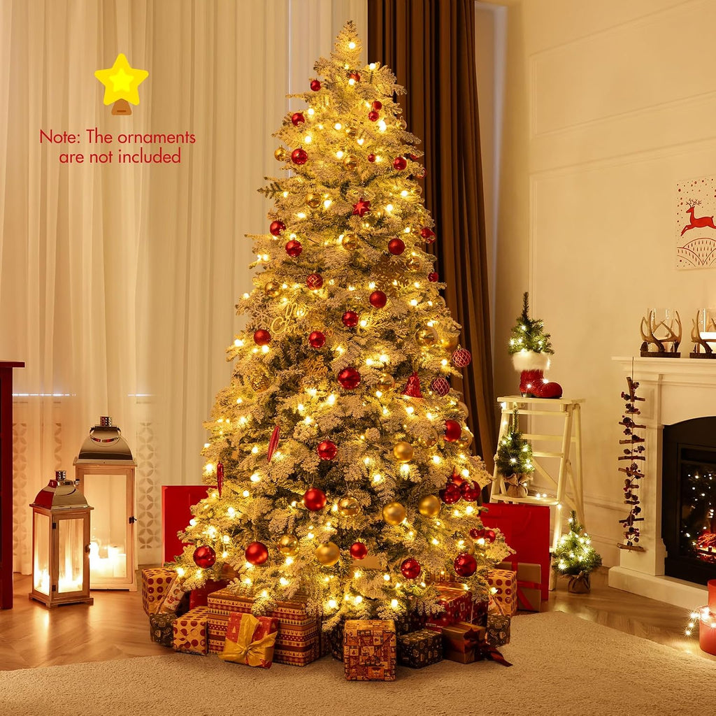 GOFLAME 7FT Pre-lit Artificial Christmas Tree, Snow Flocked Hinged Xmas Tree with 160 Ball Lights, LED Lights, 806 Branch Tips, 8 Lighting Modes and Metal Stand, Holiday Decoration Tree for Home Party