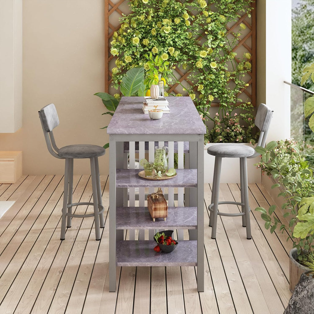 AWQM 3-Piece Bar Table and Chairs Set, Modern Glay Table with 2 PU Cushion Bar Stools, Kitchen Counter with 3 Tier Storage Shelves, Space Saving Table for Home & Kitchen, Black Frame