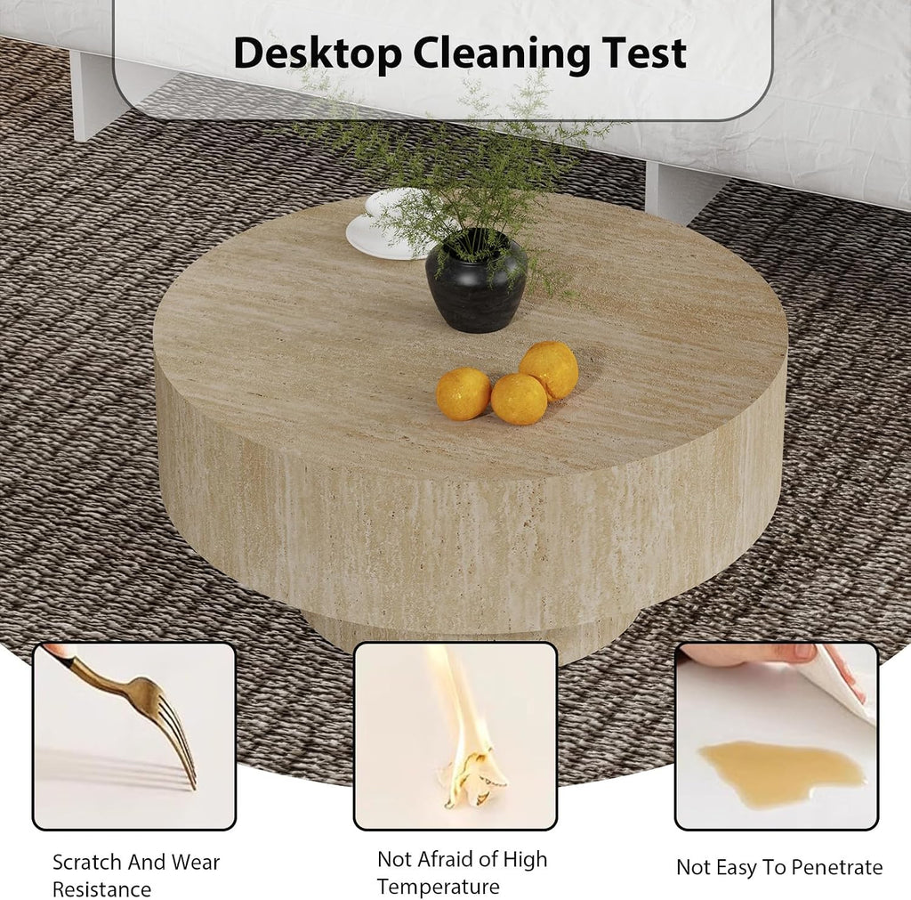 Round Coffee Table, Handcrafted Fluted Drum Coffee Tables Modern Wood Coffee Table Circle Drum Center Table for Living Room, Apartment (Travertine Round)