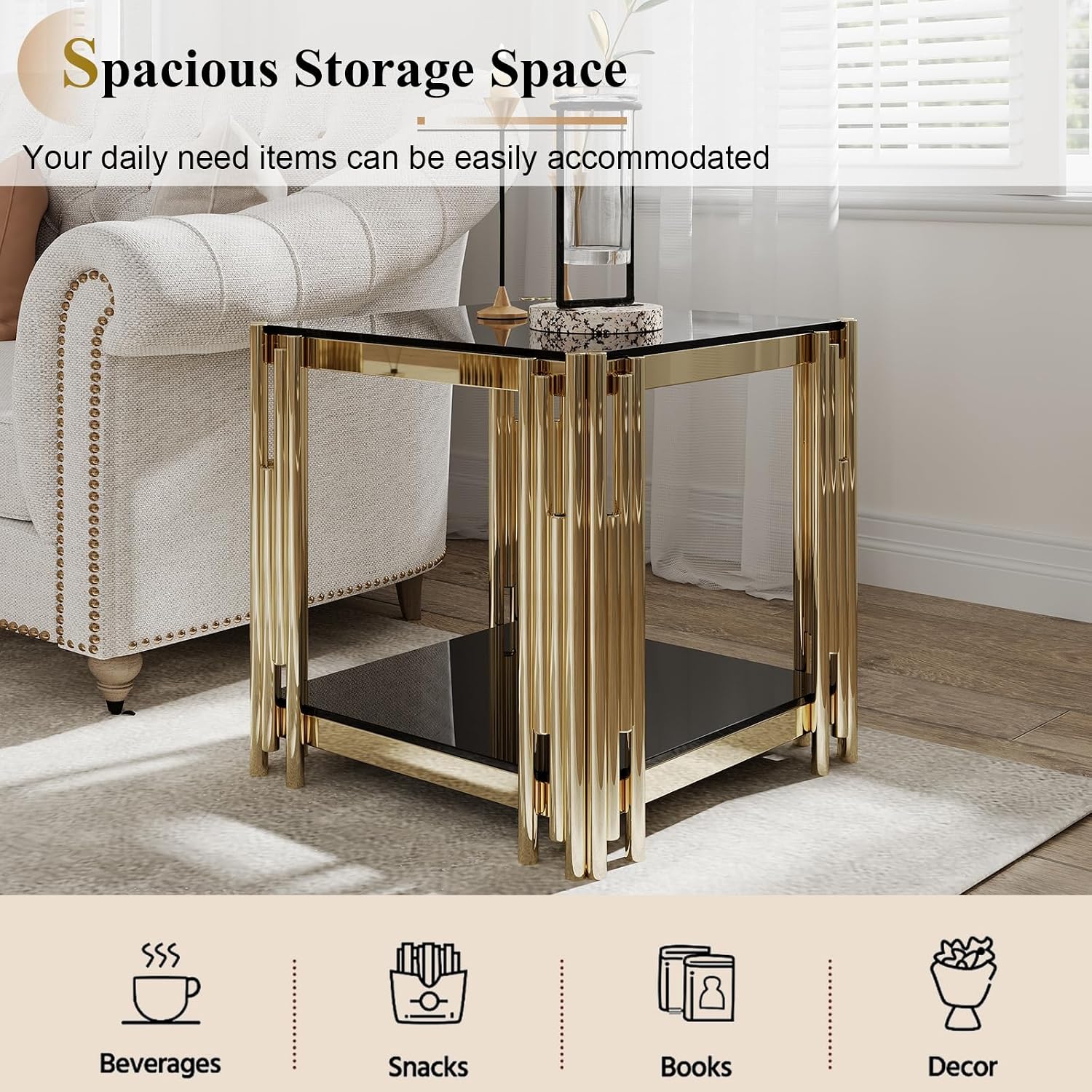Luxury Gold Glass End Table,Sqaure Sofa Side Table with Shiny Geometric Stainless Steel Base,Black Glass Accent End Table Bedside Table Nightstand for Living Room Bedroom Office