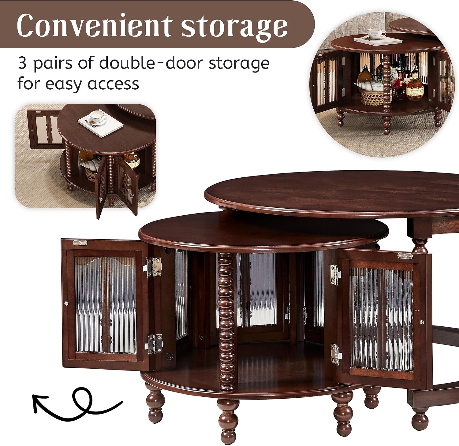 31.5' Vintage Round Nesting Coffee Table,Six Bamboo-Shaped Decorative Glass Doors,Retro Beaded Legs,Walnut