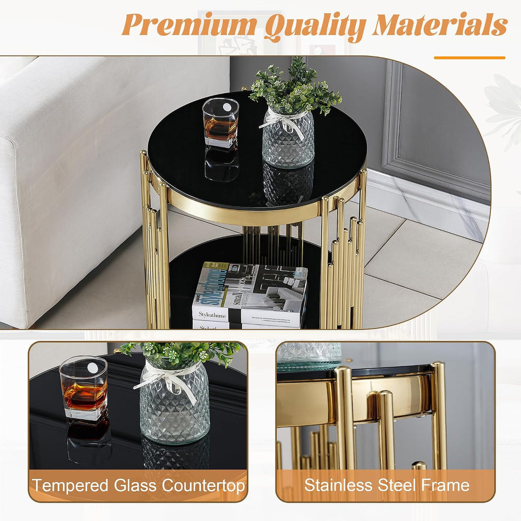 Round Glass Coffee Table Set of 3, Gold Living Room Table Set with Coffee Table and 2 End Table, 2-Tier Glass Table with Stainless Steel Legs and Black Tempered Glass for Living Room
