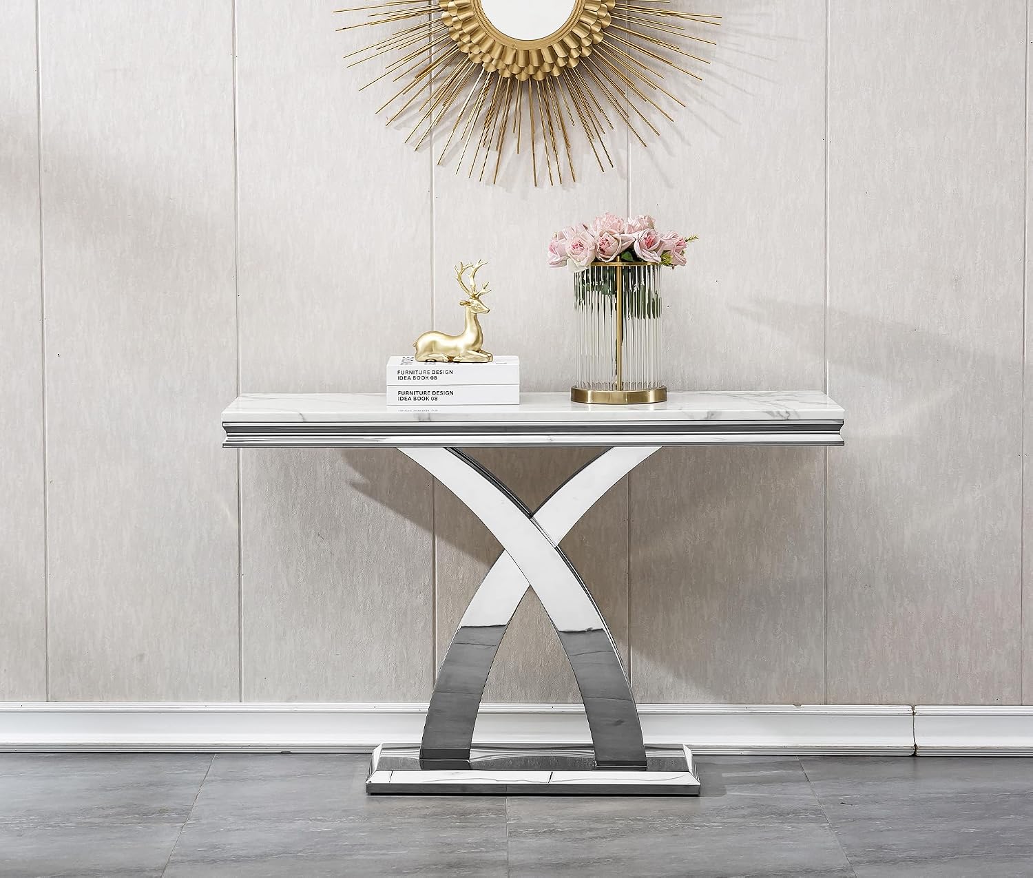 Modern White Silver Console Table, 47' Faux Marble Entryway Table Narrow Long Sofa Table, Luxury Accent Table Rectangle Behind Sofa Entrance Table Foyer Hallway Table for Living Room