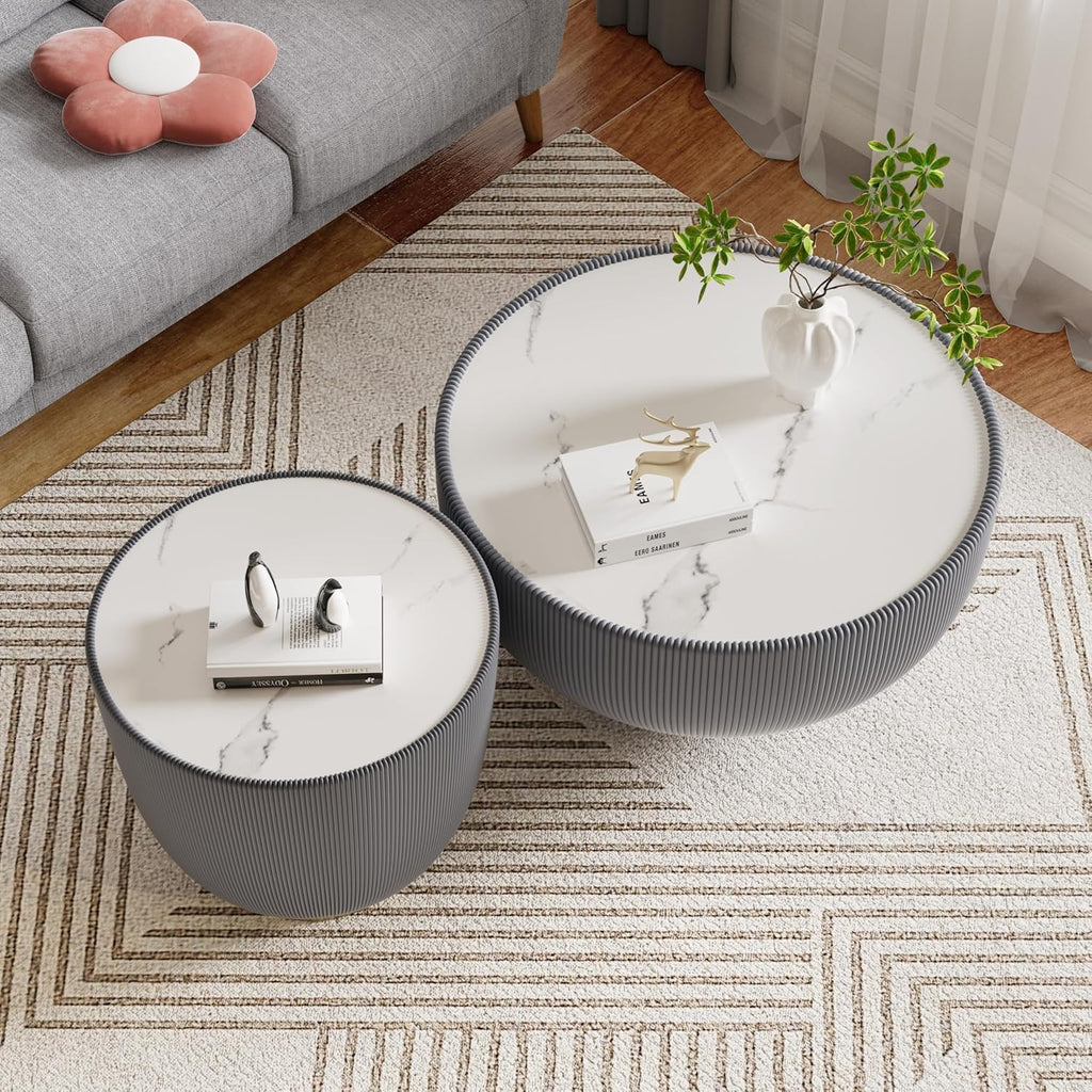 Round Coffee Table Set of 2, Sintered Stone Grey Coffee Table with Grey End Table, Nesting Tables for Living Room, Accent Side Table for Apartment Home Office, No Need Assembly
