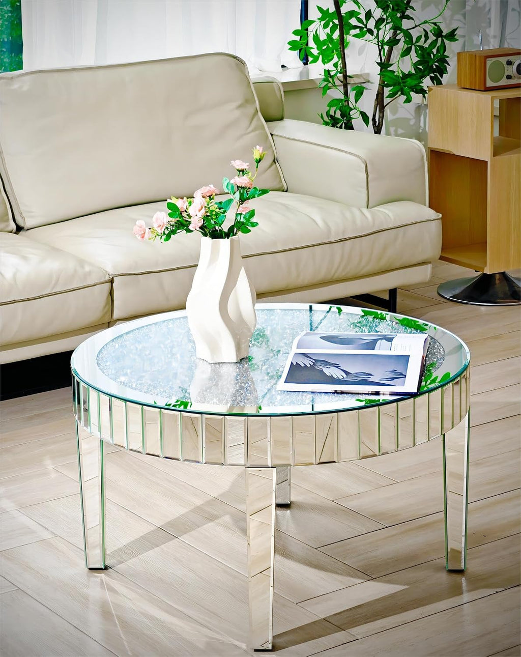 Silver Mirrored Coffee Table: 31.5 inch Round Crystal Glass Mirror Tabletop Crushed Diamond