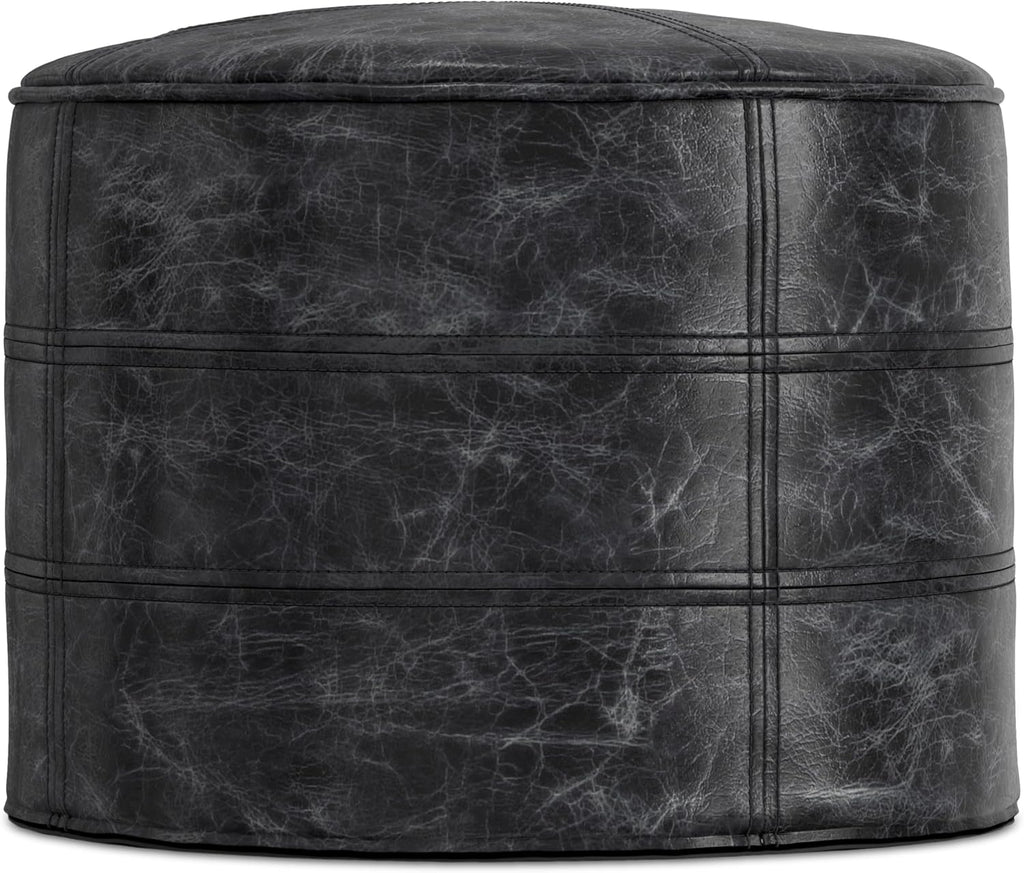 SIMPLIHOME Connor Round Pouf - 18 inch Wide Upholstered Genuine Leather Ottoman in Distressed Black, Boho Footstool or Extra Seating for Living Room or Bedroom with Polystyrene Filling, Assembled