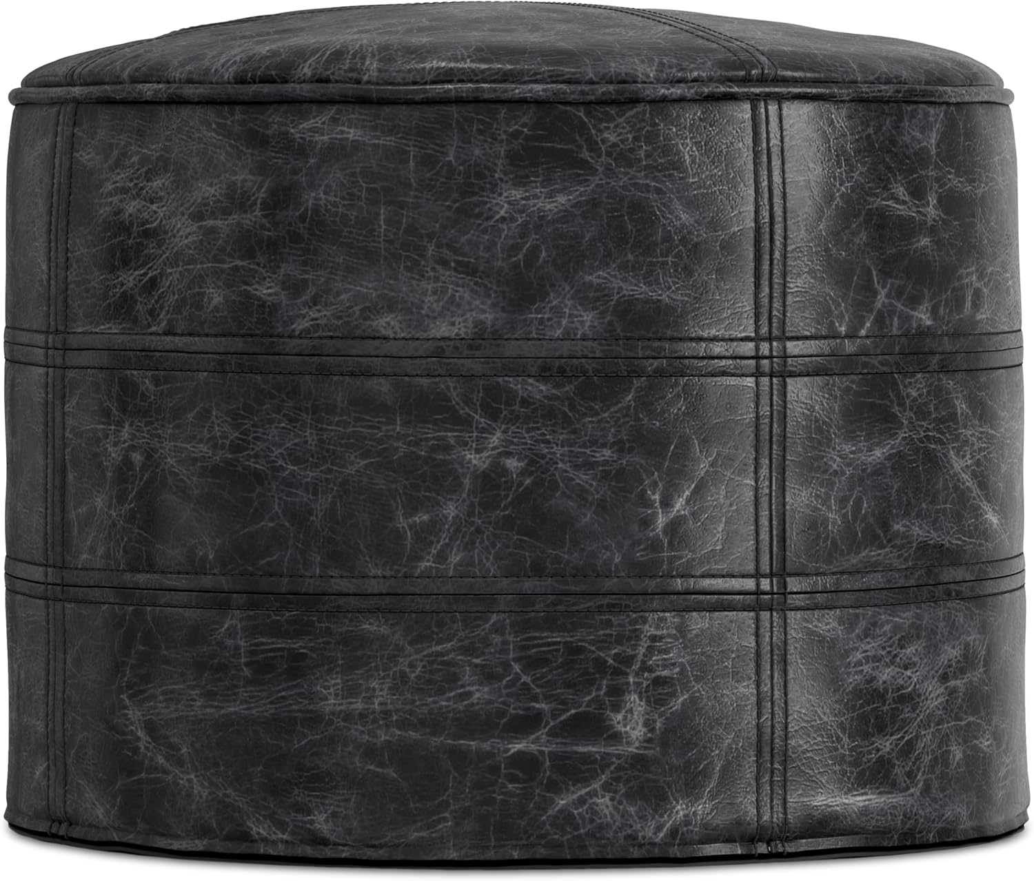 SIMPLIHOME Connor Round Pouf - 18 inch Wide Upholstered Genuine Leather Ottoman in Distressed Black, Boho Footstool or Extra Seating for Living Room or Bedroom with Polystyrene Filling, Assembled