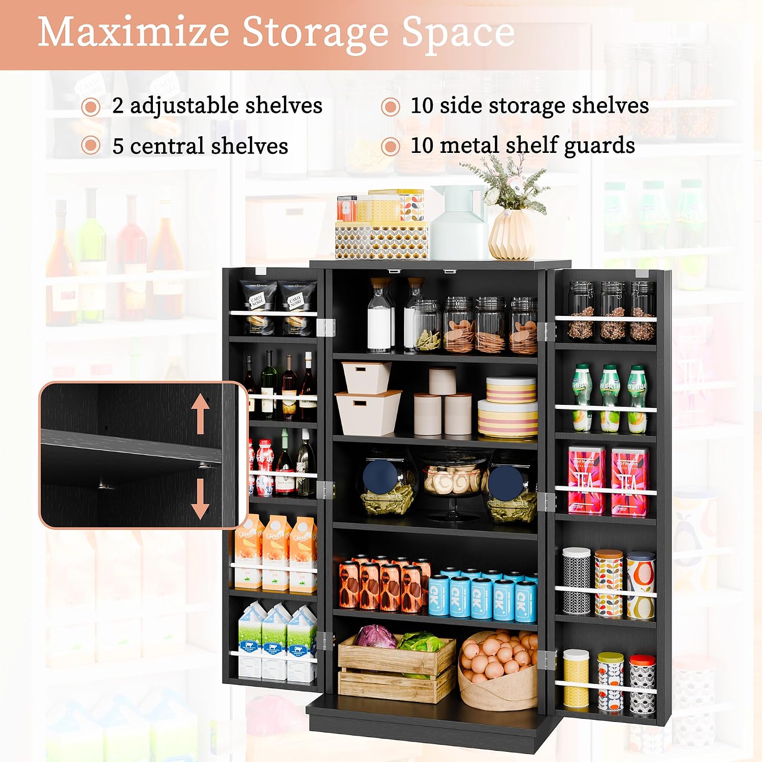 Pantry Cabinet, 47in Wooden Kitchen Storage Pantry Cabinet, Freestanding Storage Cabinets with 2 Doors, Adjustable Shelves, Black