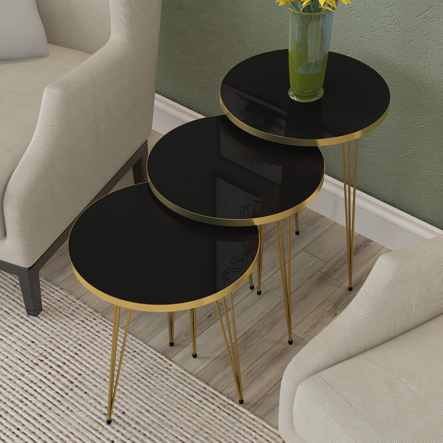 Set of 3 High Gloss Black Gold Legs Nesting End Tables Round Wood Stacking Coffee Side Accent Table with Metal Legs for Living Room, Home Office, Nightstands for Bedroom