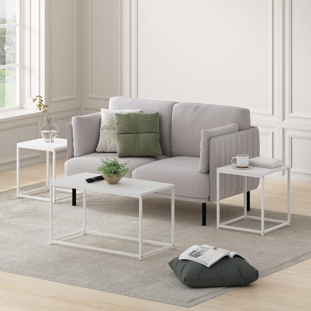 Furinno CAMNUS Living Room Tables Set of 3, Metal Frame 1 Coffee Table + 2 Side Tables, Side Tables Set, White