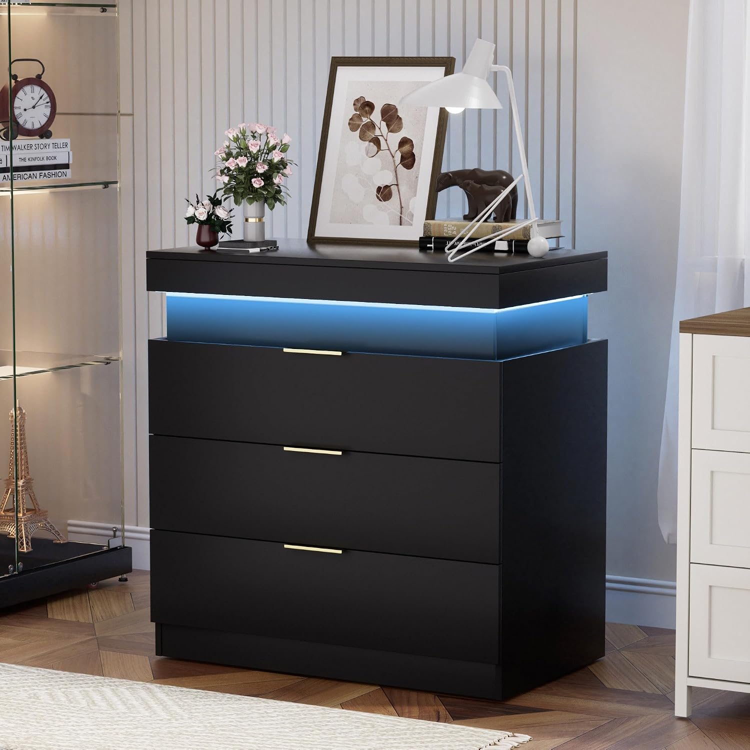 Black Nightstand with Charging Station and LED Lights,30.5 Inch Tall Night Stand with Sliding Top for Bedroom, Bedside Table with 3 Drawers, Modern End Side Table for Living Room