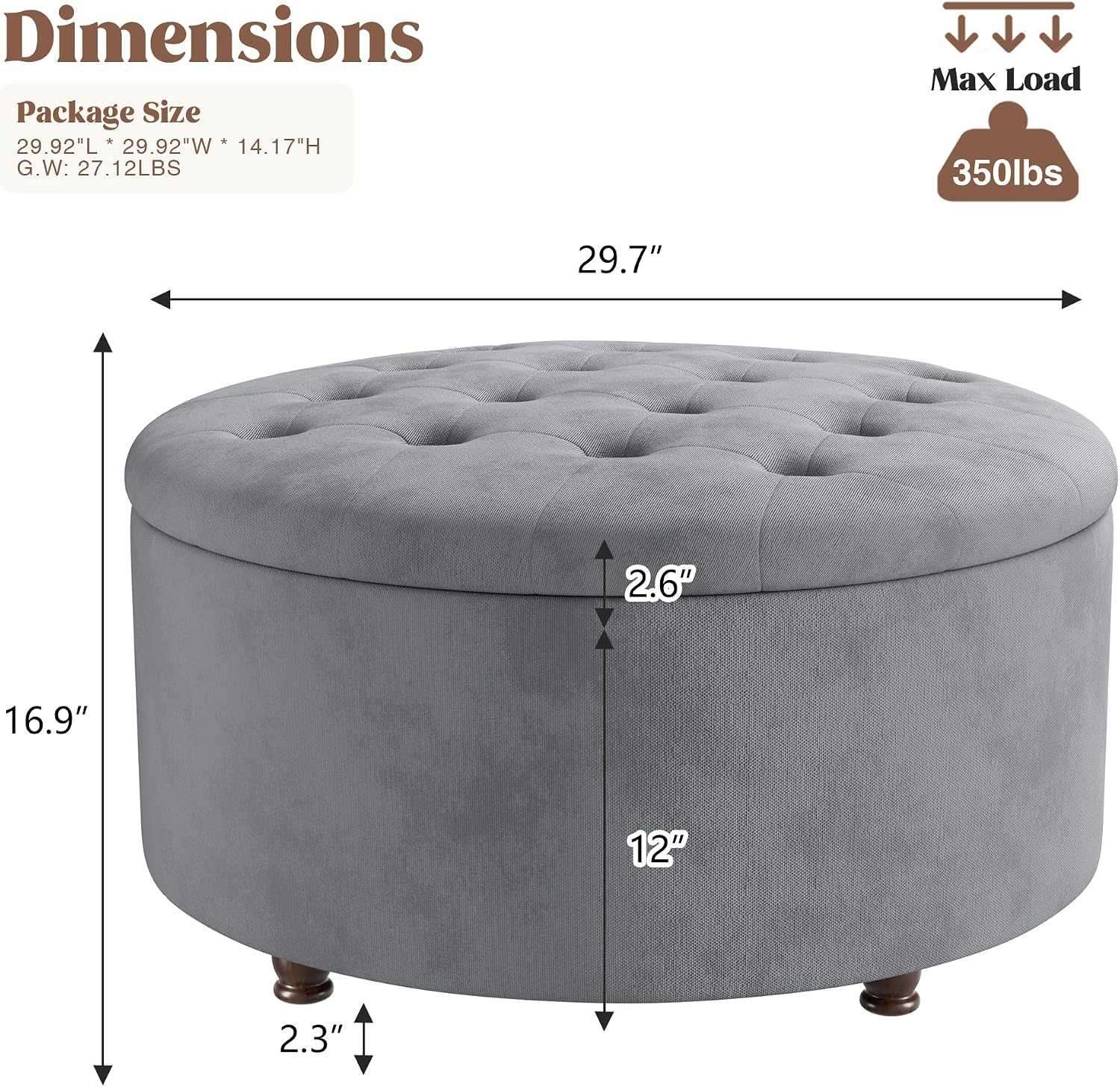 30 Inch Round Storage Ottoman,Modern Tufted Ottomans,Circular Coffee Table with Removable Top,Upholstered Large Ottoman with Storage Footrest Stool for Bedroom Living Room (LIGHTGREY)