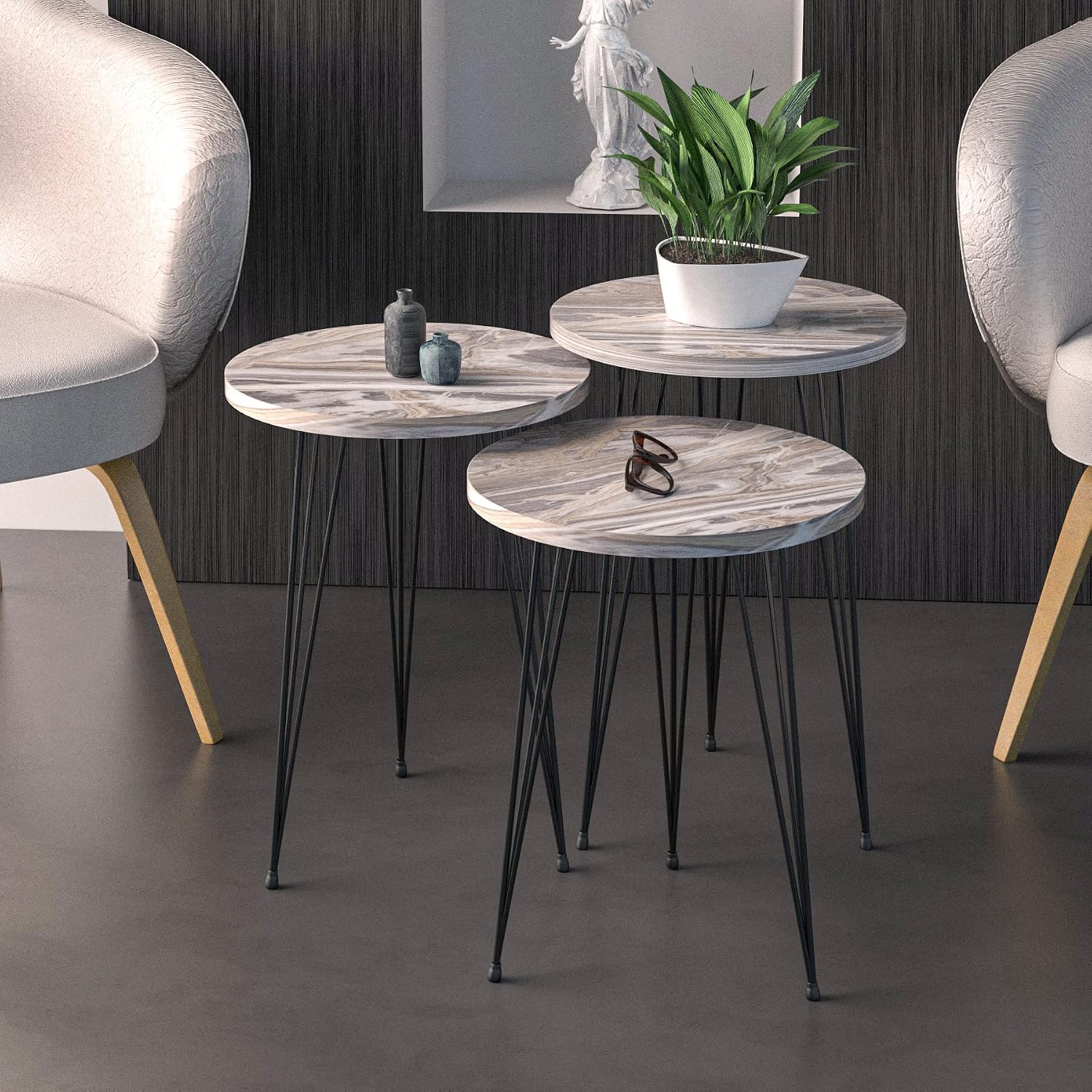 Set of 3 Grey Marble Nesting End Tables Round Wood Stacking Coffee Side Accent Table with Metal Legs for Living Room, Home Office, Nightstands for Bedroom