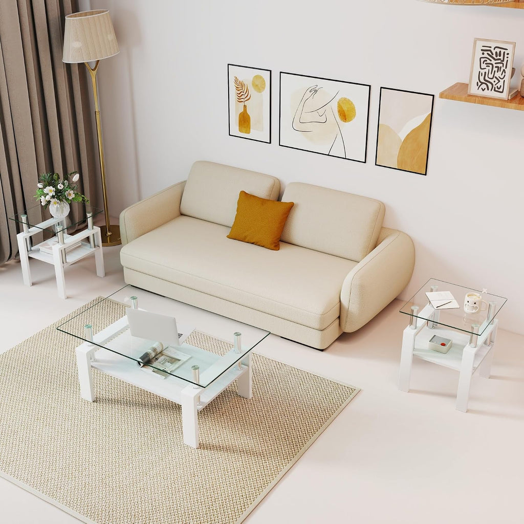 White Glass Coffee Table Sets of 3 for Living Room, Mordern End Table Sofa Side Tables, Metal Leg and Wood Storage 2 Tier, Rectangle