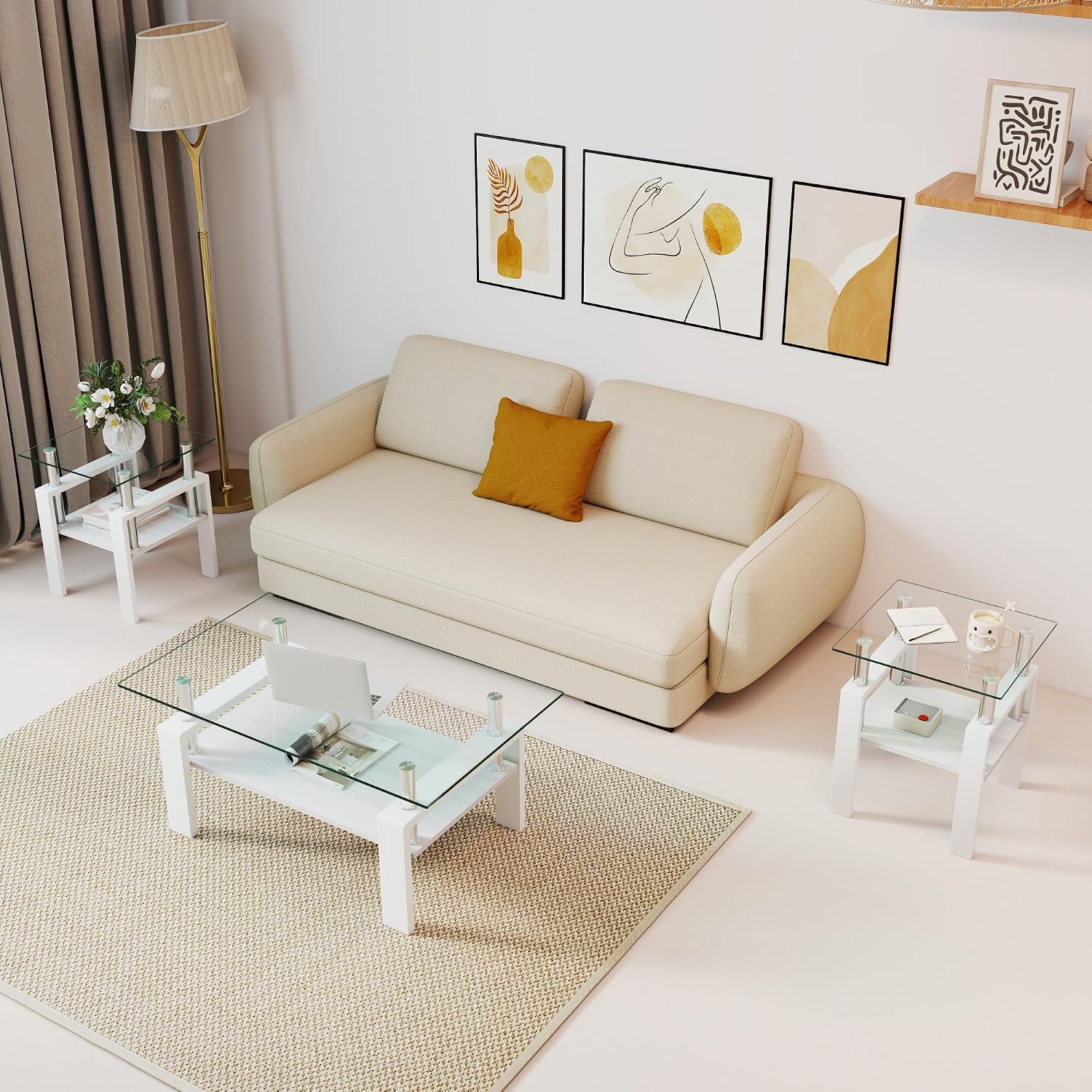 White Glass Coffee Table Sets of 3 for Living Room, Mordern End Table Sofa Side Tables, Metal Leg and Wood Storage 2 Tier, Rectangle