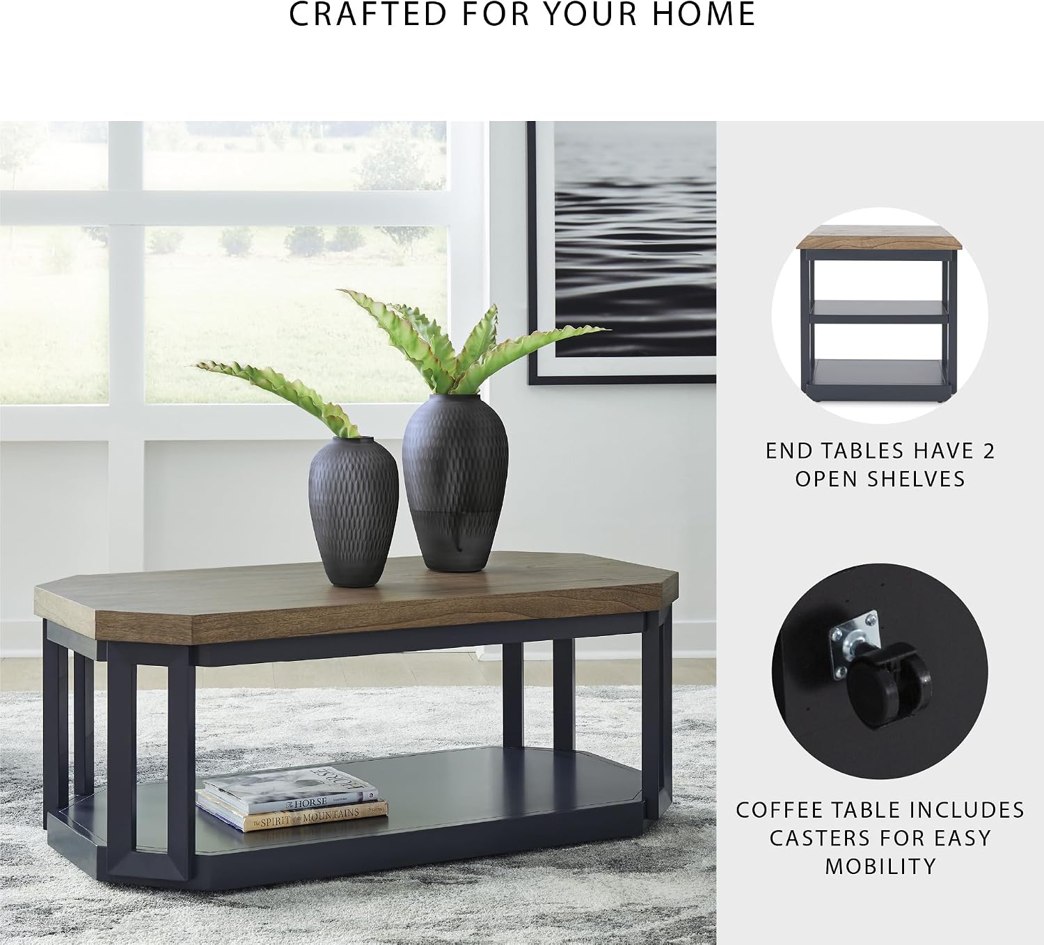 Signature Design by Ashley Landocken Contemporary Occasional Table Set with Open Shelves and Casters, Set of 3, Light Brown & Blue