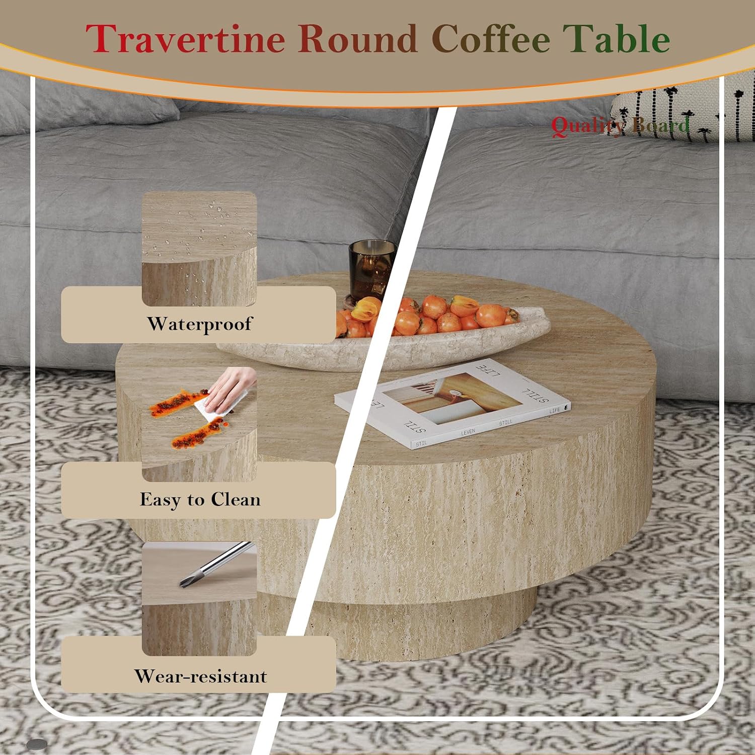 29.92' Travertine Round Coffee Table Modern Circle Low Center Tables - Chic Travertine Grain Veneer for Living Room Farmhouse Apartment Study Office (Travertine Round 29.92in)