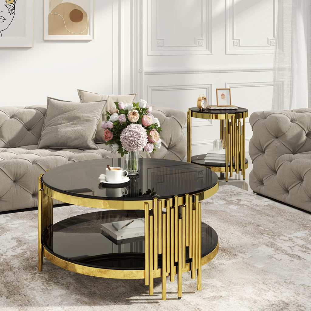 Round Glass Coffee Table Modern Living Room Table, 35.43' Gold Stainless Steel Leg Black Tempered Glass, Circle Sofa Center Table Furniture for Home Apartment Office, Gold