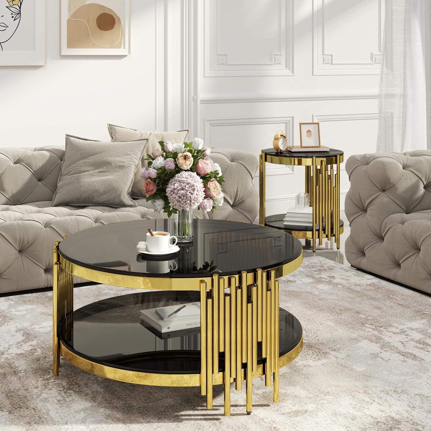 Round Glass Coffee Table Modern Living Room Table, 35.43' Gold Stainless Steel Leg Black Tempered Glass, Circle Sofa Center Table Furniture for Home Apartment Office, Gold