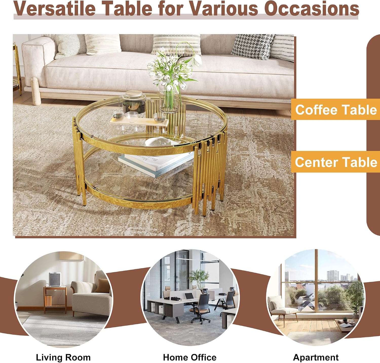 2-Tier Glass Coffee Table for Living Room, 35 inch Round Center Table with Tempered Glass Top and Stainless Steel Frame for Apartment, Home, Easy Assembly, Gold/Clear