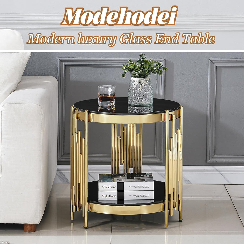 20' Round Glass End Table, 2-Tier Gold Side Table with Stainless Steel Legs and Black Tempered Glass, Modern Luxury End Table for Living Room Home Office