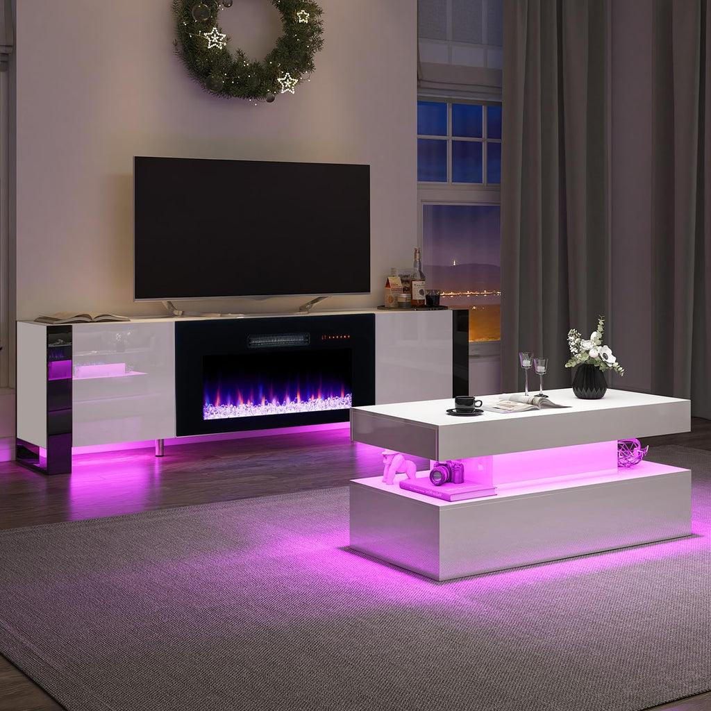 VanAcc 3-Piece Modern Living Room Table Sets, 70' Modern LED TV Stand with 36' Electric Fireplace, High Gloss Coffee Tables for Living Room, White & Black