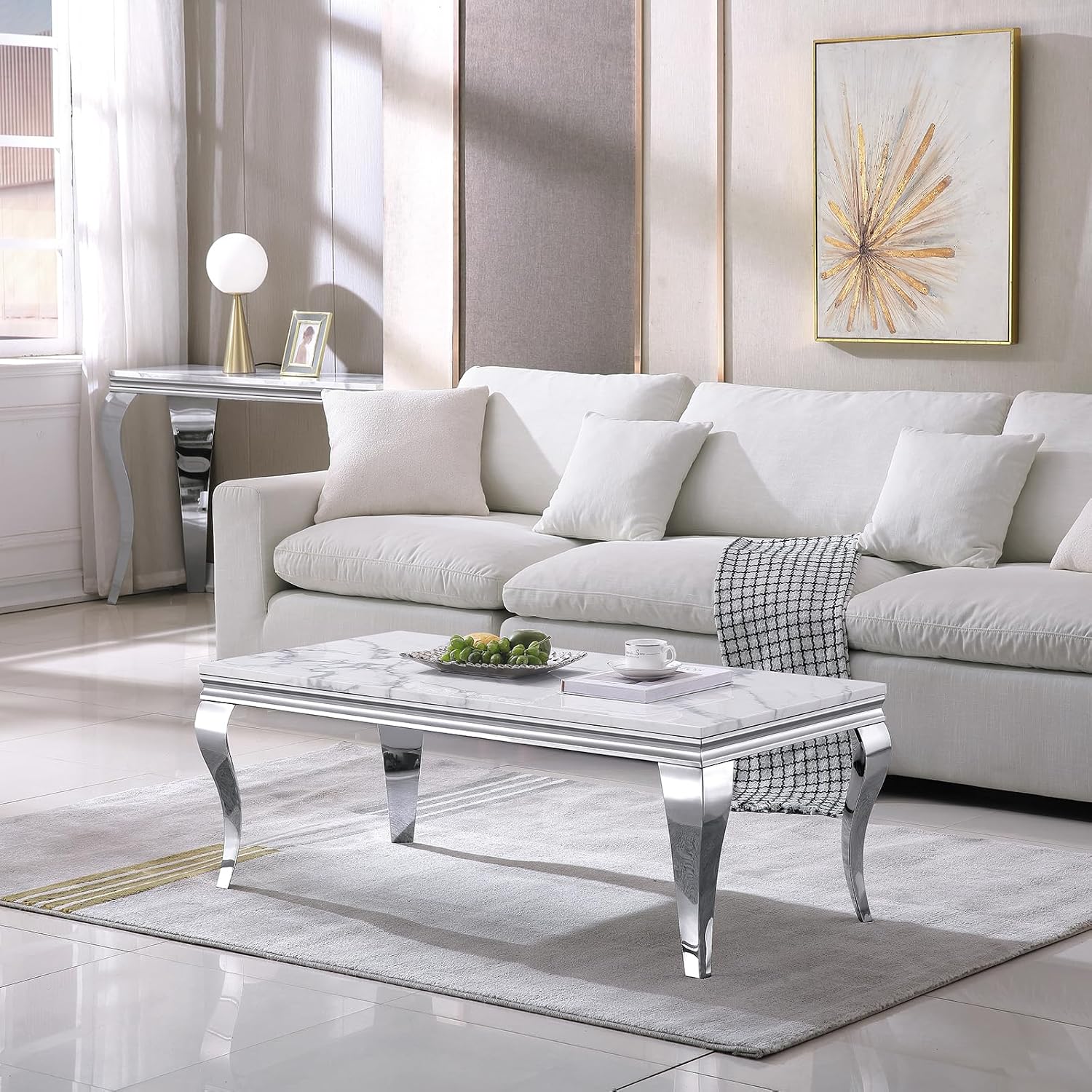 White Marble Coffee Table Set of 2, Modern Faux Marble Coffeee Table and Console Table, Luxury 2 Piece Living Room Table Set with Silver Stainless Steel S-Shape Legs for Apartment Home Office