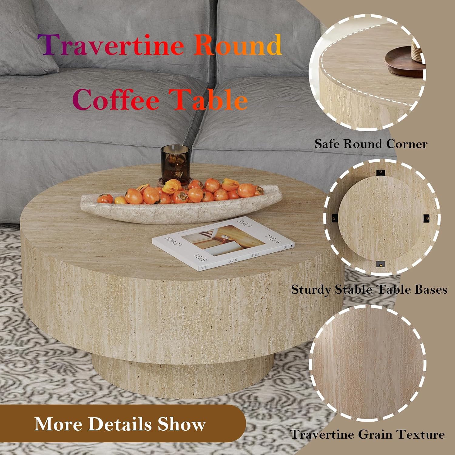 29.92' Travertine Round Coffee Table Modern Circle Low Center Tables - Chic Travertine Grain Veneer for Living Room Farmhouse Apartment Study Office (Travertine Round 29.92in)