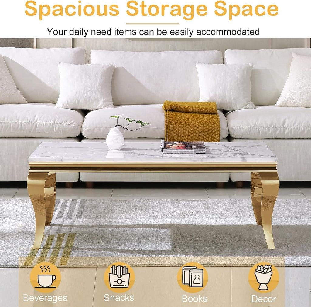 47' Marble Coffee Table for Living Room, Modern White Coffee Table with Gold Stainless Steel S-Shaped Legs, Faux Marble Rectangle Center Table Accent Cocktail Table for Home,Office