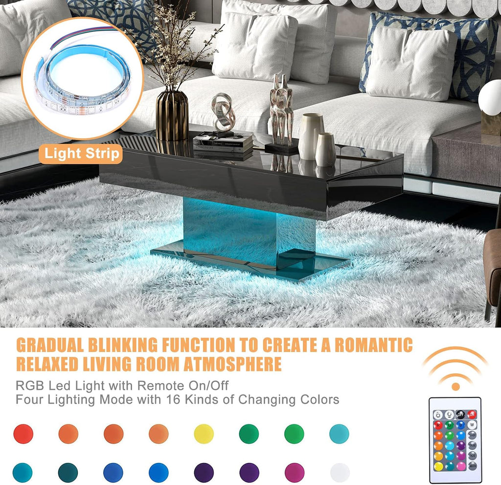 HedoAjim Led Coffee Table for Living Room, Living Room Table Rectangular Center Table, Modern High Glossy Wooden Coffee Tables with 16 Colors LED Lights for Dining Reception Room, Black