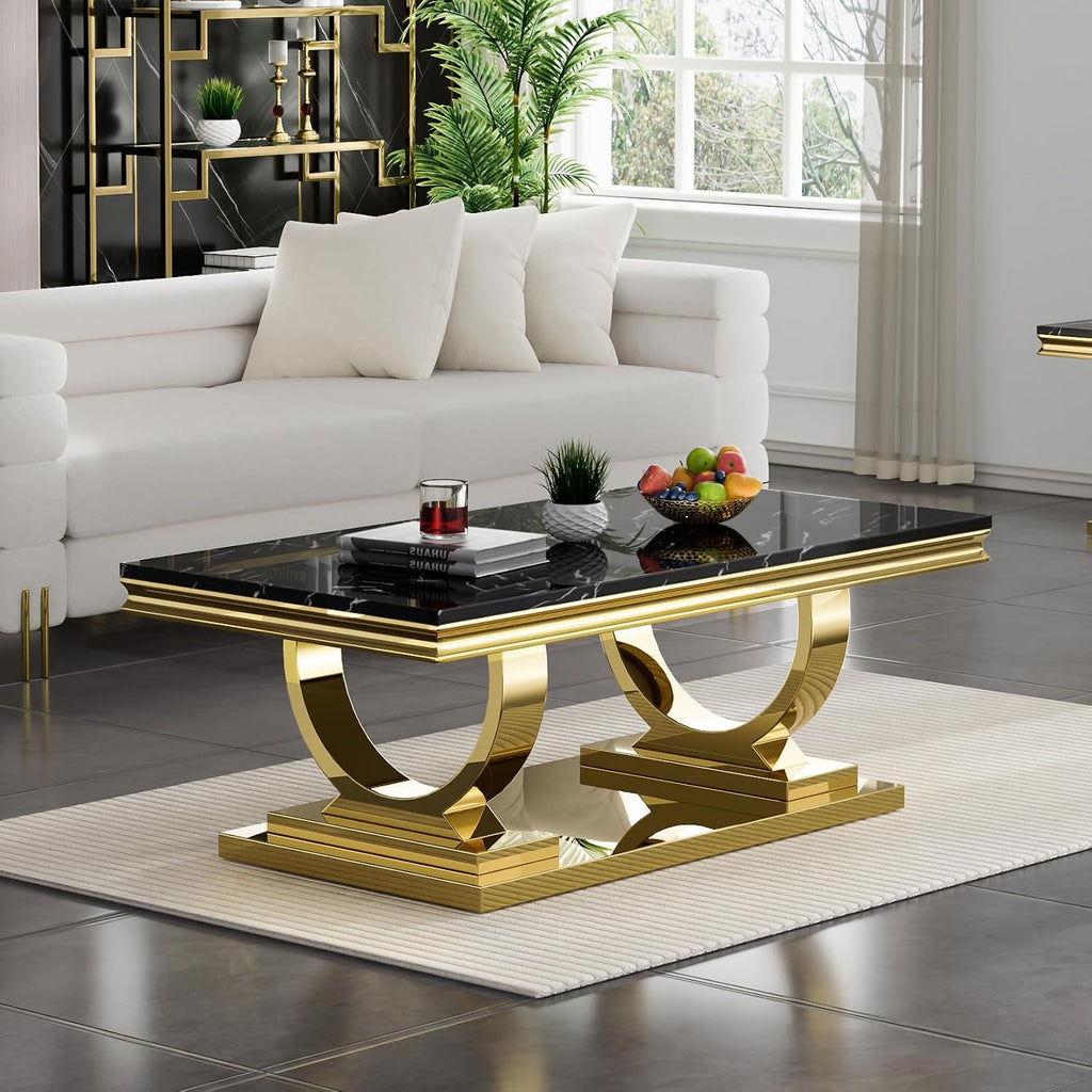 Henf 3 Piece Living Room Table Set, Faux Marble Coffee Table & Console Table & End Table, Luxury Black Gold Coffee Table Set of 3 with Mirrored Stainless Steel Base for Living Room Apartment