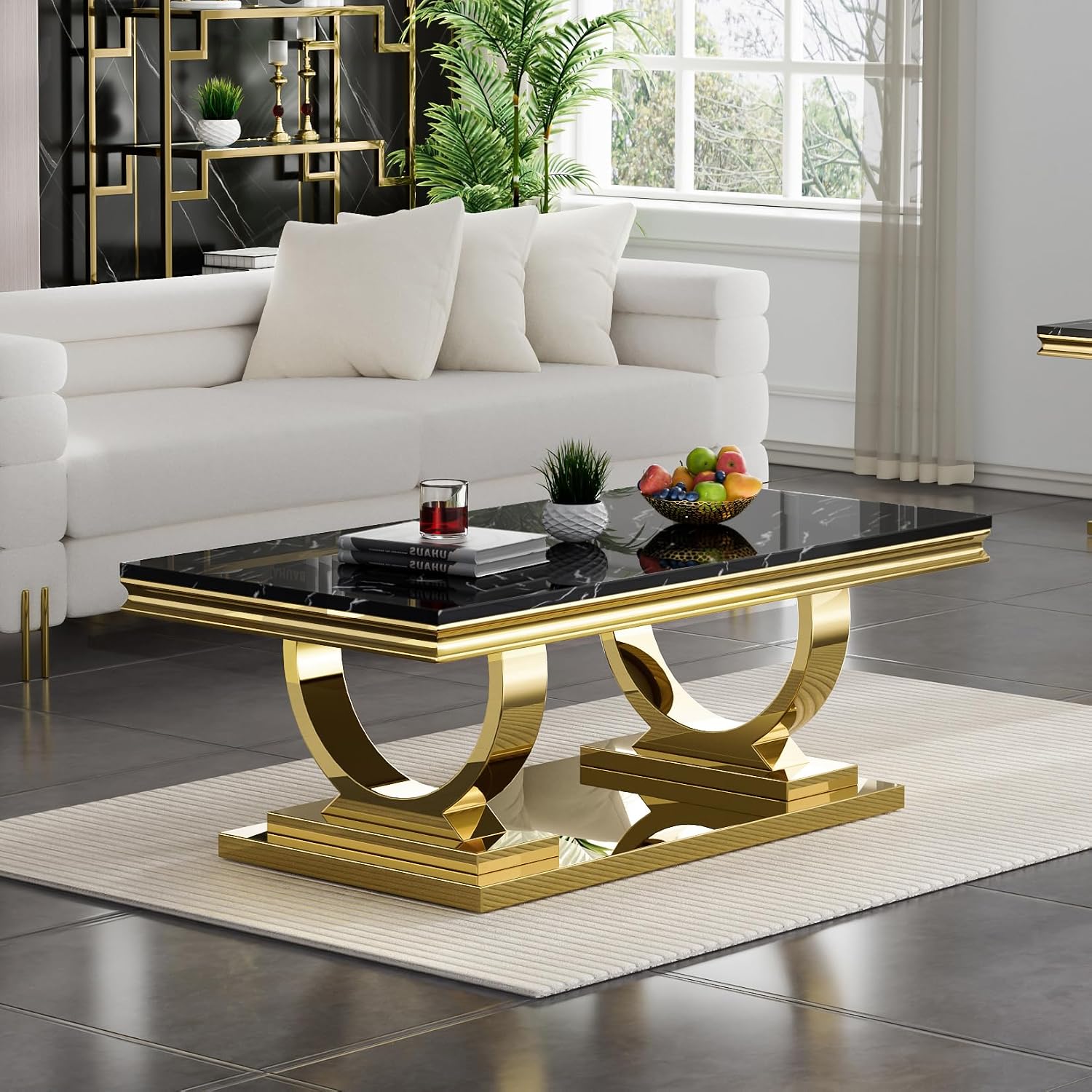 Henf 3 Piece Living Room Table Set, Faux Marble Coffee Table & Console Table & End Table, Luxury Black Gold Coffee Table Set of 3 with Mirrored Stainless Steel Base for Living Room Apartment